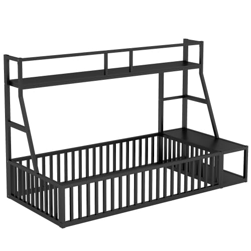 Kids Floor Bed with Safety Fence - Twin Size Metal Loft Bed with Built-in Desk & Storage Shelves for Children's Room - Black - Perfect for Small Spaces & Montessori Bedrooms