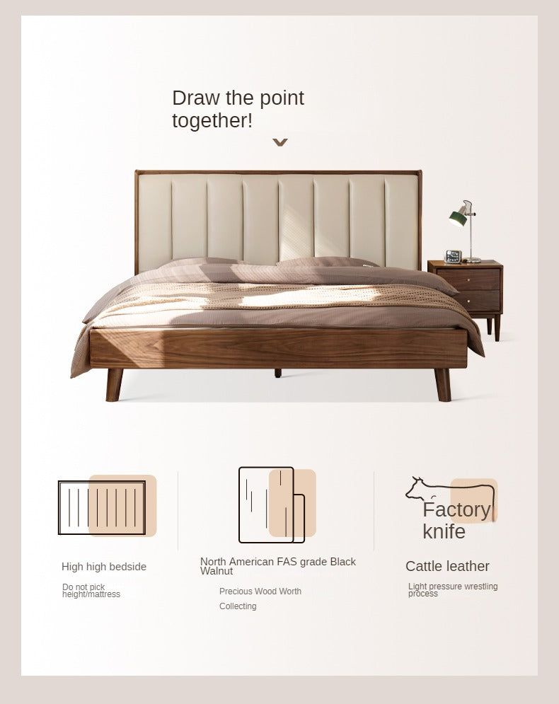 Premium Black Walnut Solid Wood Leather Upholstered Bed Frame with High Soft Back - Modern Bedroom Furniture for Master Suite, Guest Room & Luxury Apartments