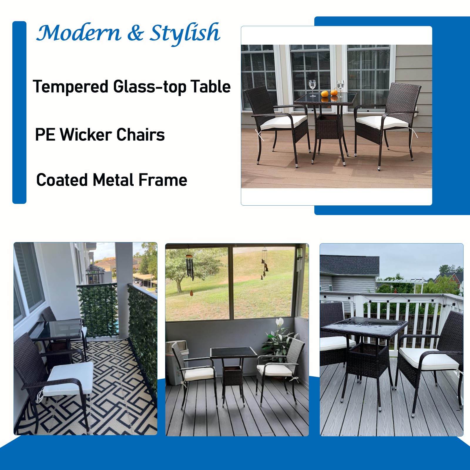 2-Person Outdoor Bistro Table Set - Weather-Resistant Wicker Patio Dining Table & Chairs for Balcony, Deck, Garden, Lawn & Small Spaces - Perfect for Couples, Coffee Dates & Al Fresco Dining