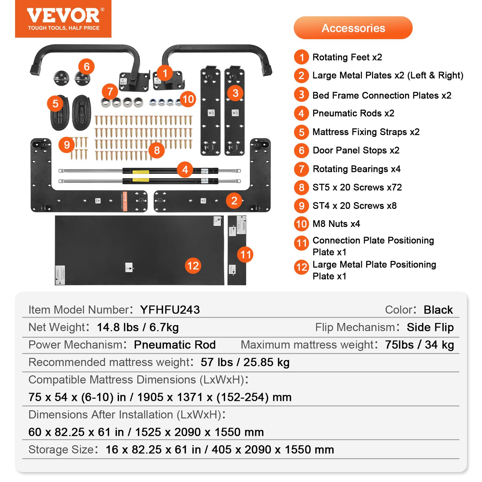 VEVOR Full Size Murphy Bed Kit - Horizontal DIY Wall Bed Hardware with Heavy Duty Pneumatic Lift Mechanism - Space Saving Folding Cabinet Design for Guest Rooms, Small Apartments & Home Offices