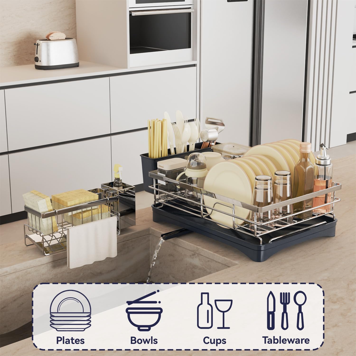 Stainless Steel Dish Drying Rack for Kitchen Counter - 304 Rustproof Dish Drainer with Sponge & Utensil Holder, Space Saving Sink Organizer with Drainboard | Perfect for Small Kitchens & Apartment Living (Silver)