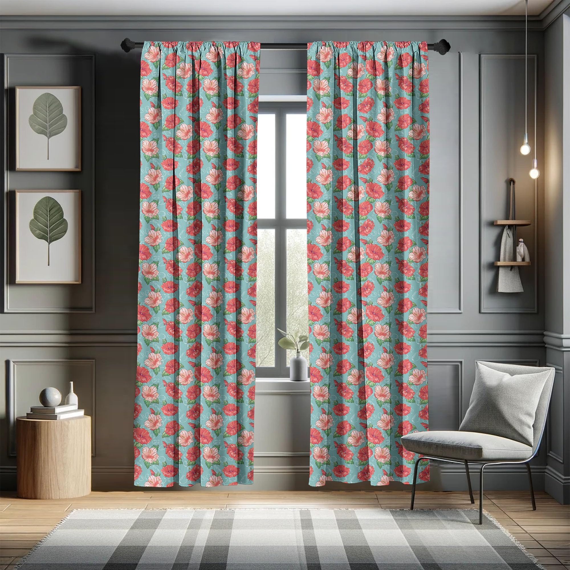 Ambesonne Hibiscus Window Curtains - Set of 2 Tropical Flower & Bubble Print Lightweight Panels with Rod Pocket, 28x95 Inches, Teal Coral - Perfect for Living Room, Bedroom & Beach House Decor