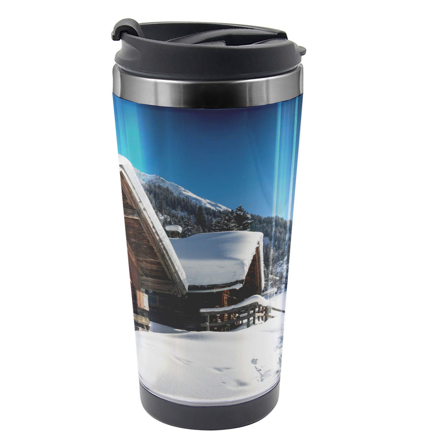 Ambesonne 16 oz Stainless Steel Thermal Travel Mug with Austria Mountain Houses Design - Keeps Drinks Hot/Cold - Perfect for Winter Hikes, Commuting & Outdoor Adventures (Brown Blue White)