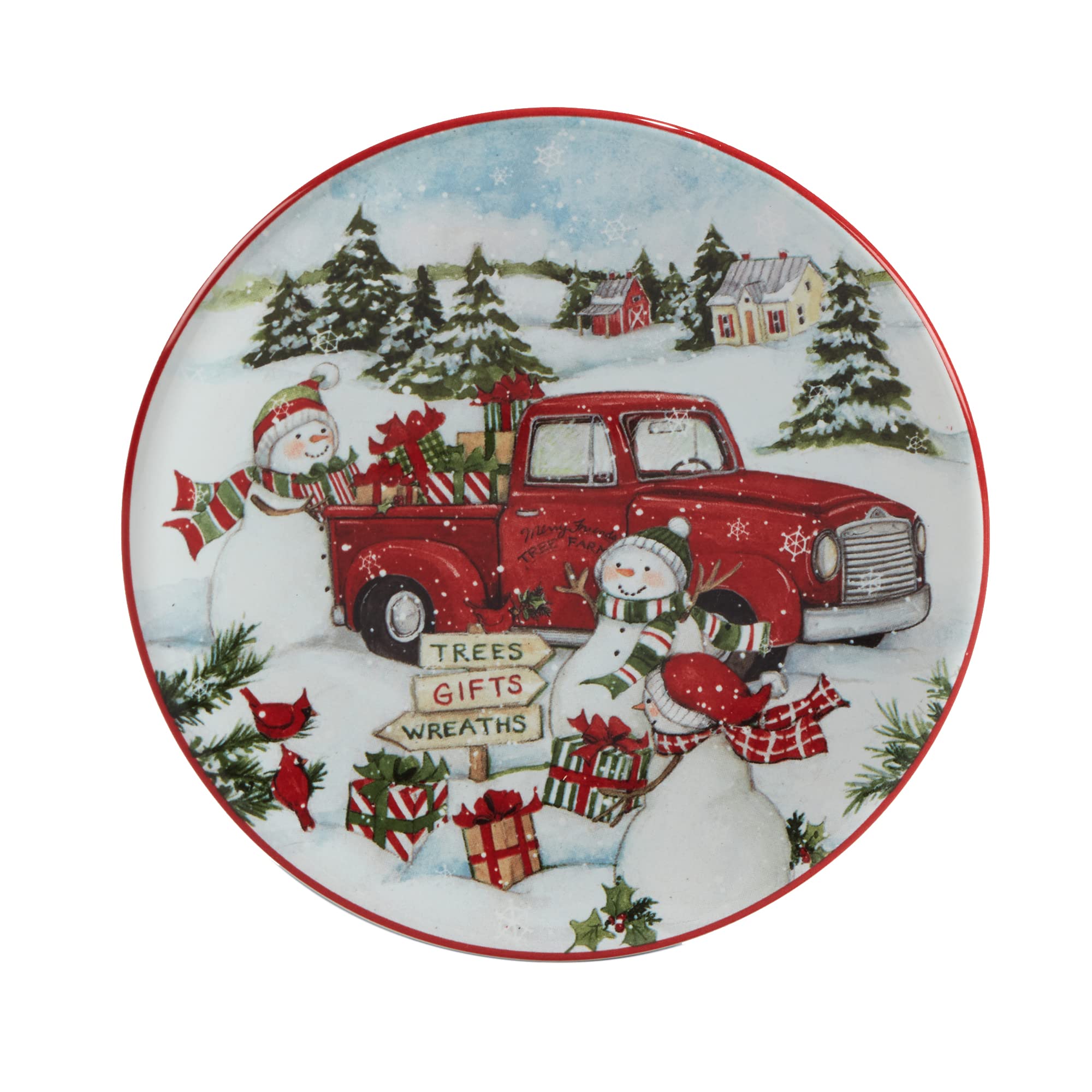 Certified International Red Truck Snowman 6-Inch Canape Plates - Set of 4 Small Multicolor Holiday Dessert Plates for Christmas Party, Luncheon, and Festive Gatherings