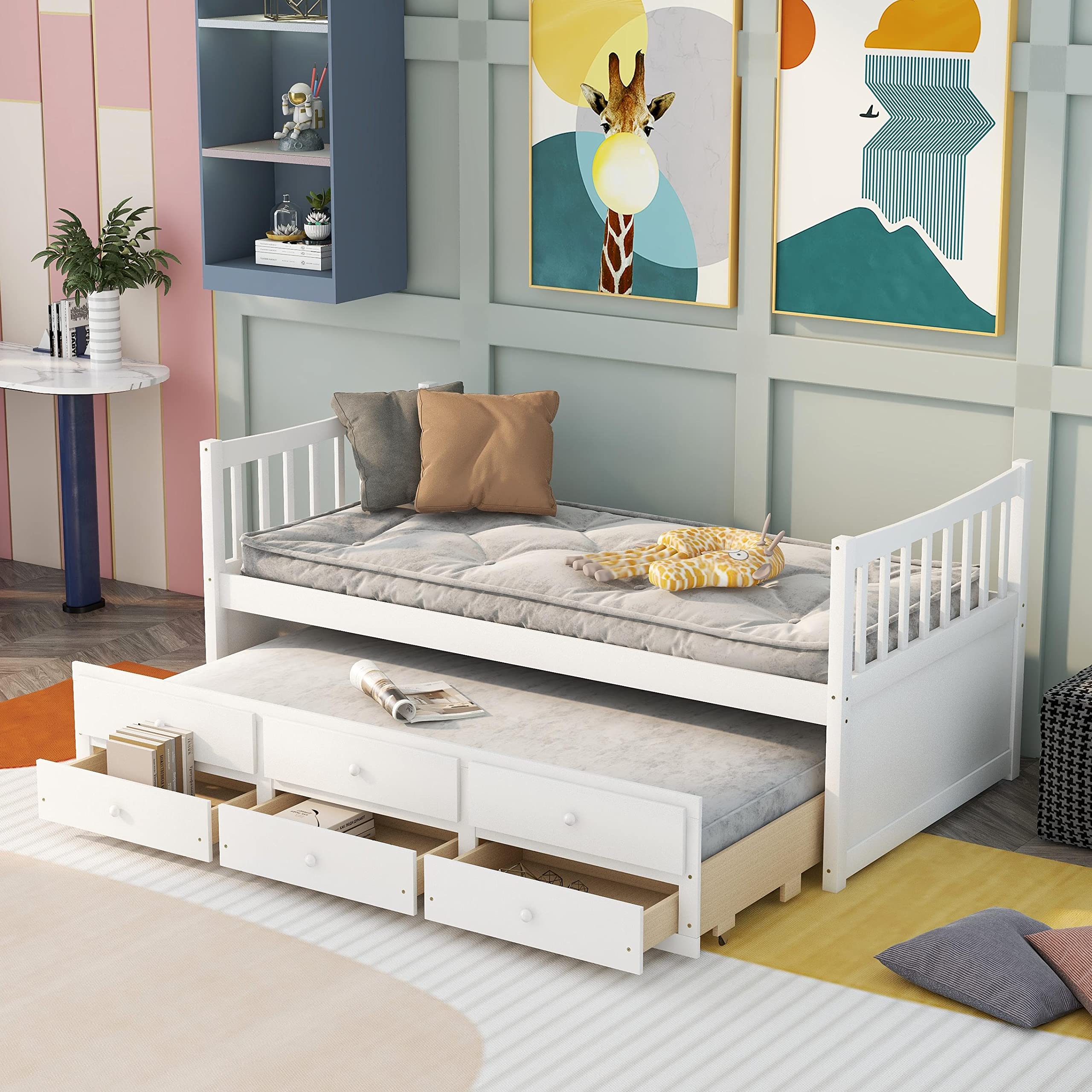 **Twin Captain’s Bed with Storage & Trundle - Solid Wood Daybed for Kids & Guests - White - Perfect for Small Bedrooms, Sleepovers & Extra Storage**