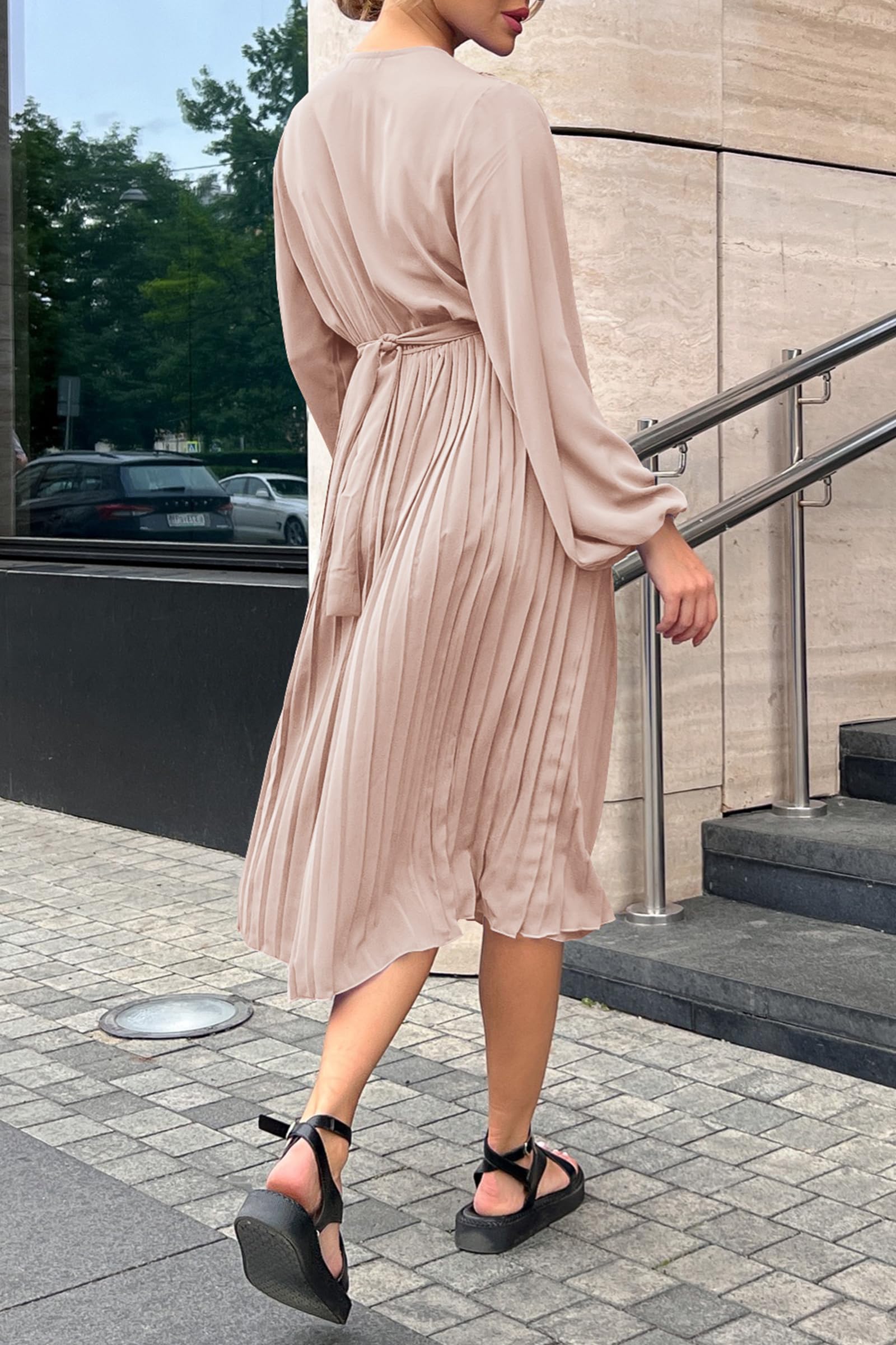 PRETTYGARDEN Women's Flowy Wrap Dress with Puff Sleeves - V-Neck Midi Dress with Ruffle & Pleated Details for Spring Fall Casual Wear | Perfect for Office, Date Night & Weekend Outings