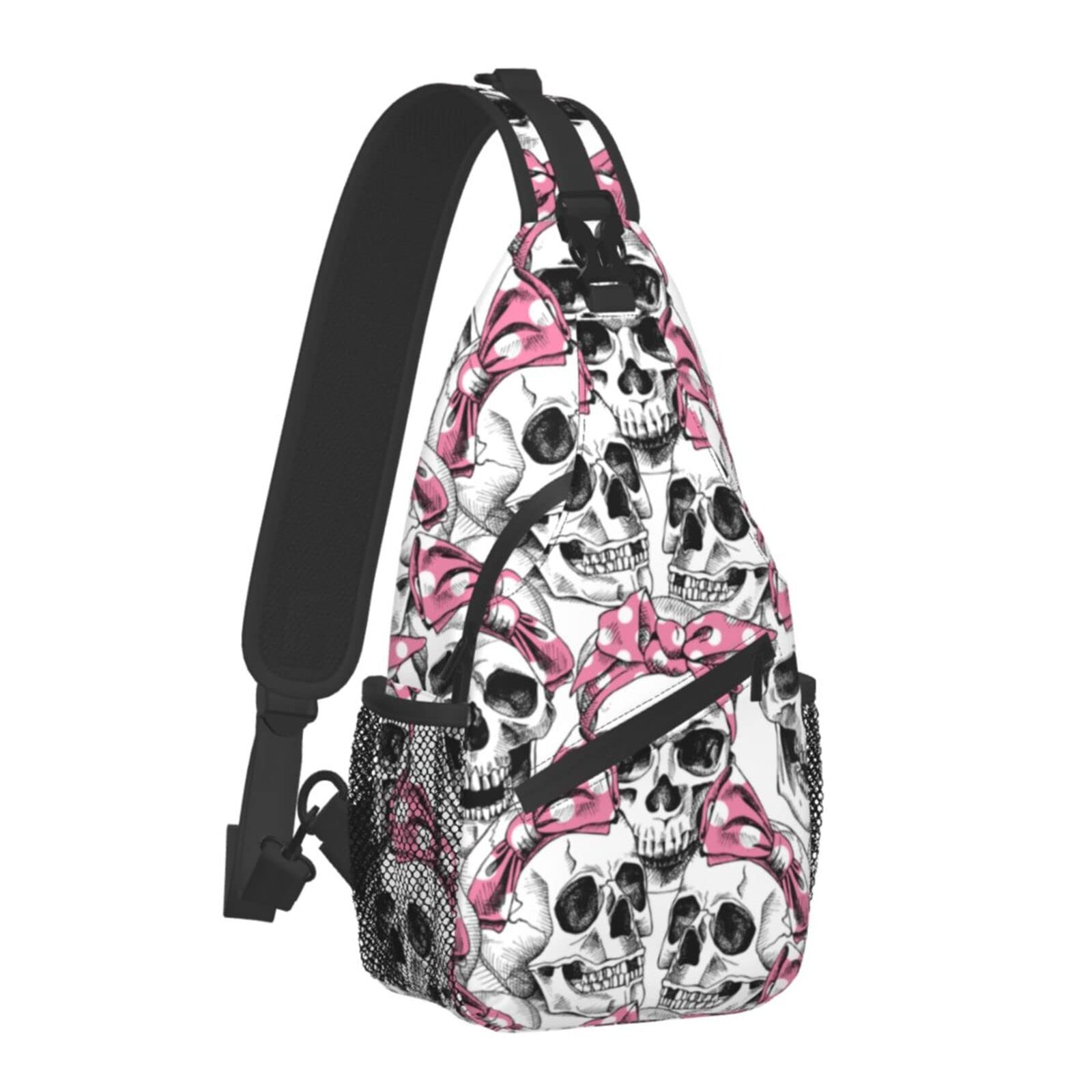 Skull Print Sling Bag with Adjustable Headband - Crossbody Backpack for Women & Men - Lightweight Shoulder Bag for Hiking, Travel, Cycling & Outdoor Activities - Small Daypack with Single Strap - Casual Chest Bag Purse for Everyday Use