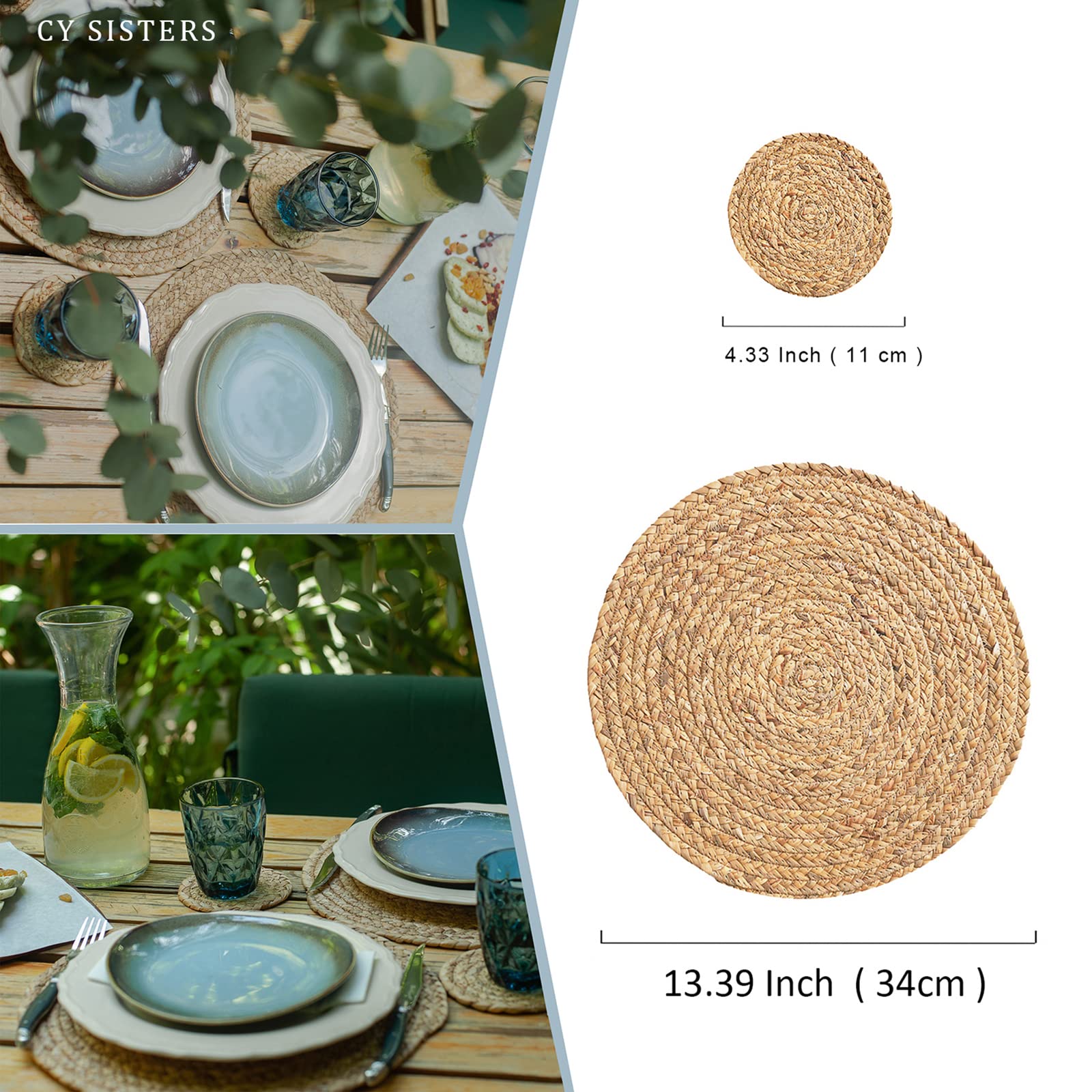 Round Woven Placemats Set of 4 - Natural Water Hyacinth & Rattan Wicker Place Mats - 13.5 Inch Heat Resistant Boho Farmhouse Style - Perfect for Outdoor Patio Dining, Picnics & Home Decor