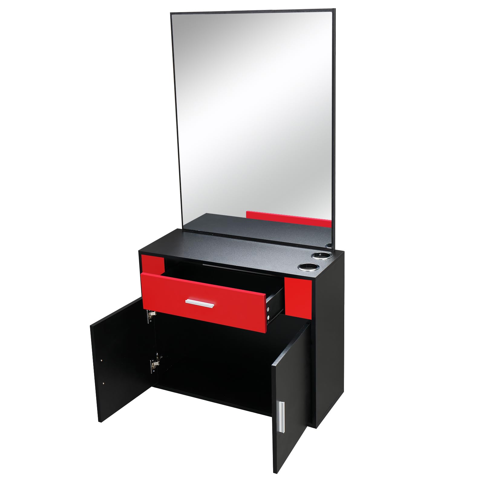 Professional Wall Mount Barber Salon Station - Hair Styling Equipment Set with Mirror, 2 Hair Dryer Holders, Drawer & Door - Beauty Spa Furniture for Barbershops & Salons (Red) - Perfect for Small Spaces & Home Use