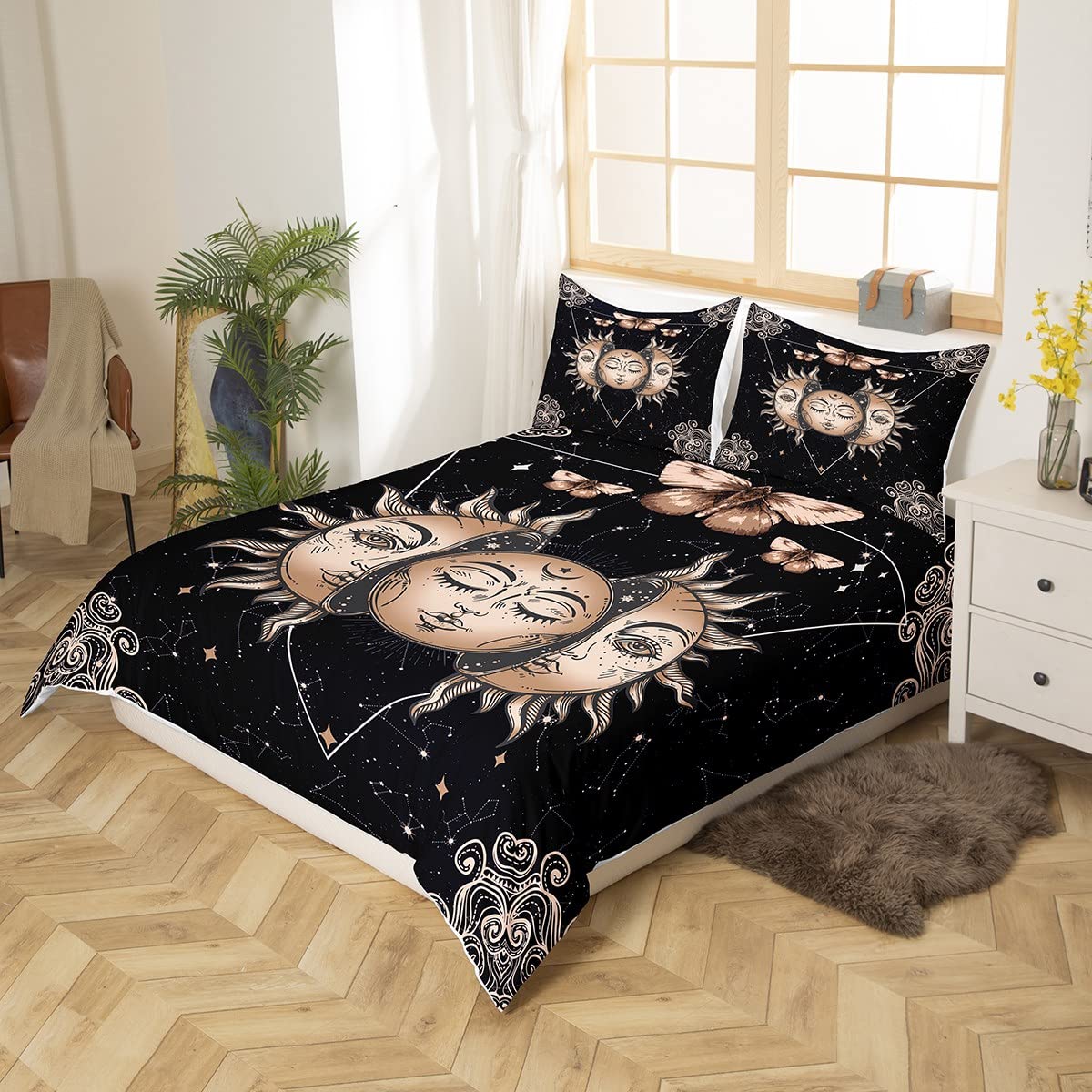 Bohemian Sun and Moon Mandala Print Twin Comforter Set - Golden Death Moth Duvet Cover with Starry Sky Design for Teens & Kids Bedroom Decor | Perfect for Boho Chic, Dorm Room, and Meditation Space