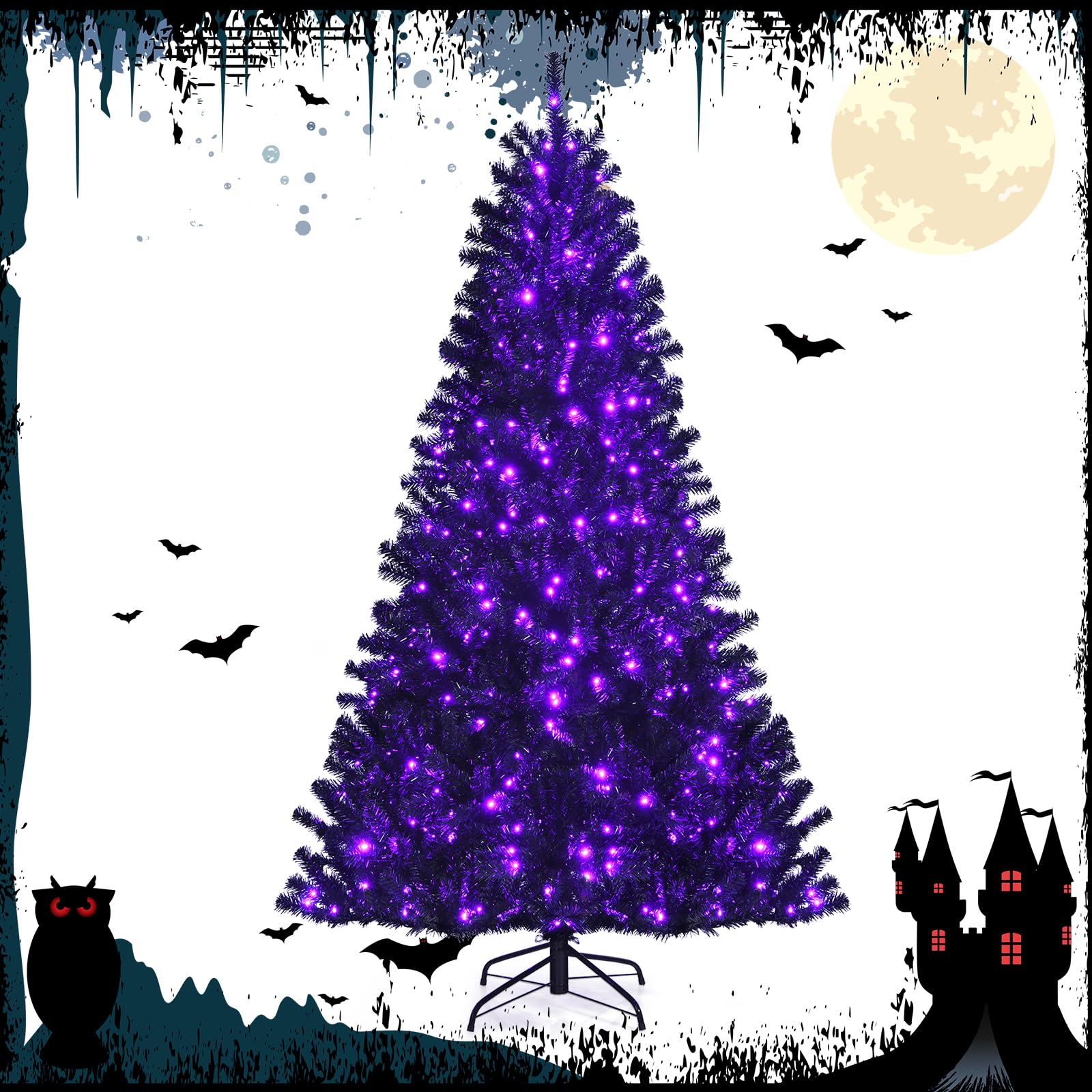 Happygrill 7 Ft Artificial Christmas Tree with 500 Purple LED Lights - 1096 Branch Tips, Foldable Metal Stand & Hinged Design for Halloween & Xmas Decor | Indoor & Outdoor Holiday Party, Home, Office Decoration
