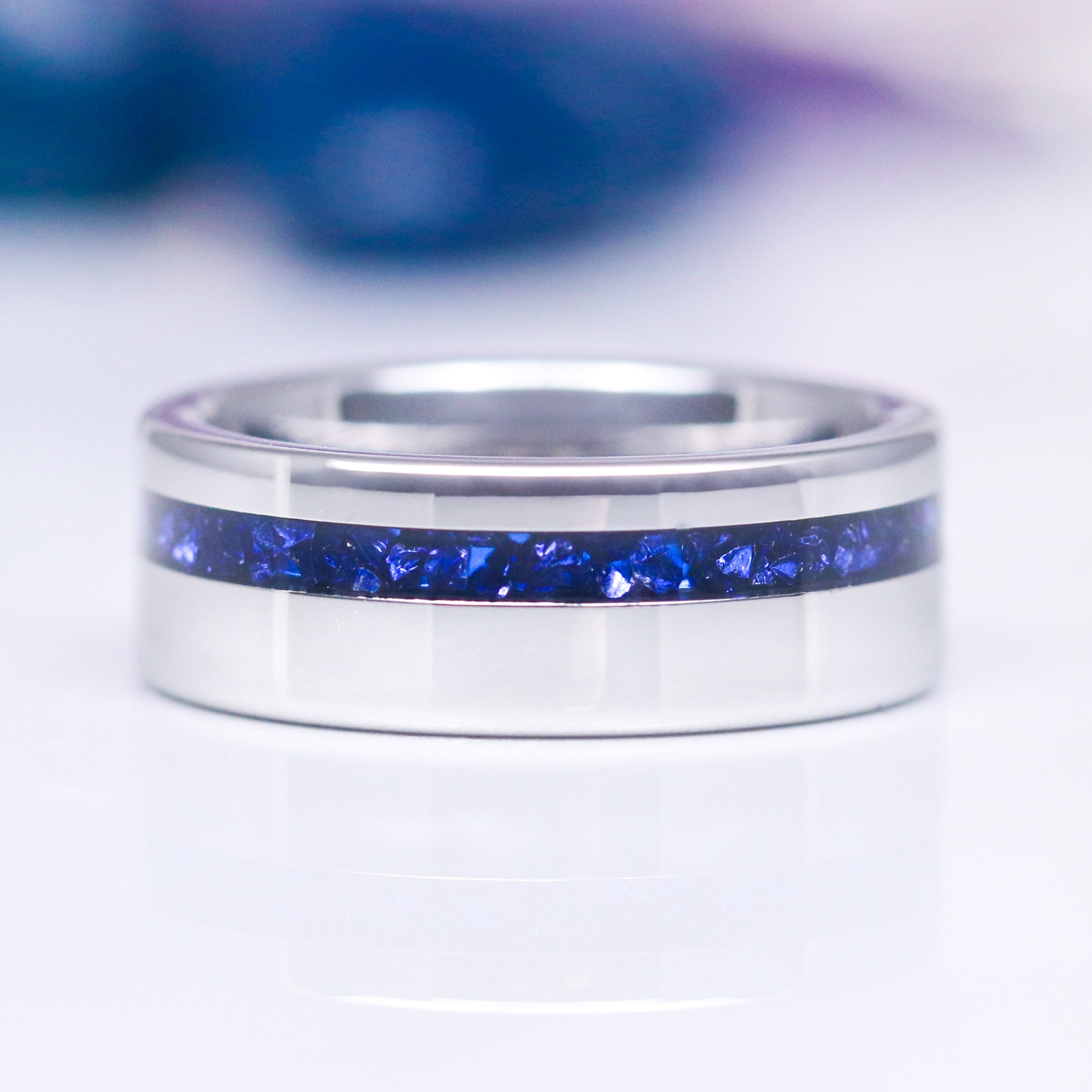 8MM Tungsten Wedding Band with Crushed Blue Sapphire Inlay - Durable & Elegant Ring for Men, Perfect for Engagement, Anniversary, and Everyday Wear
