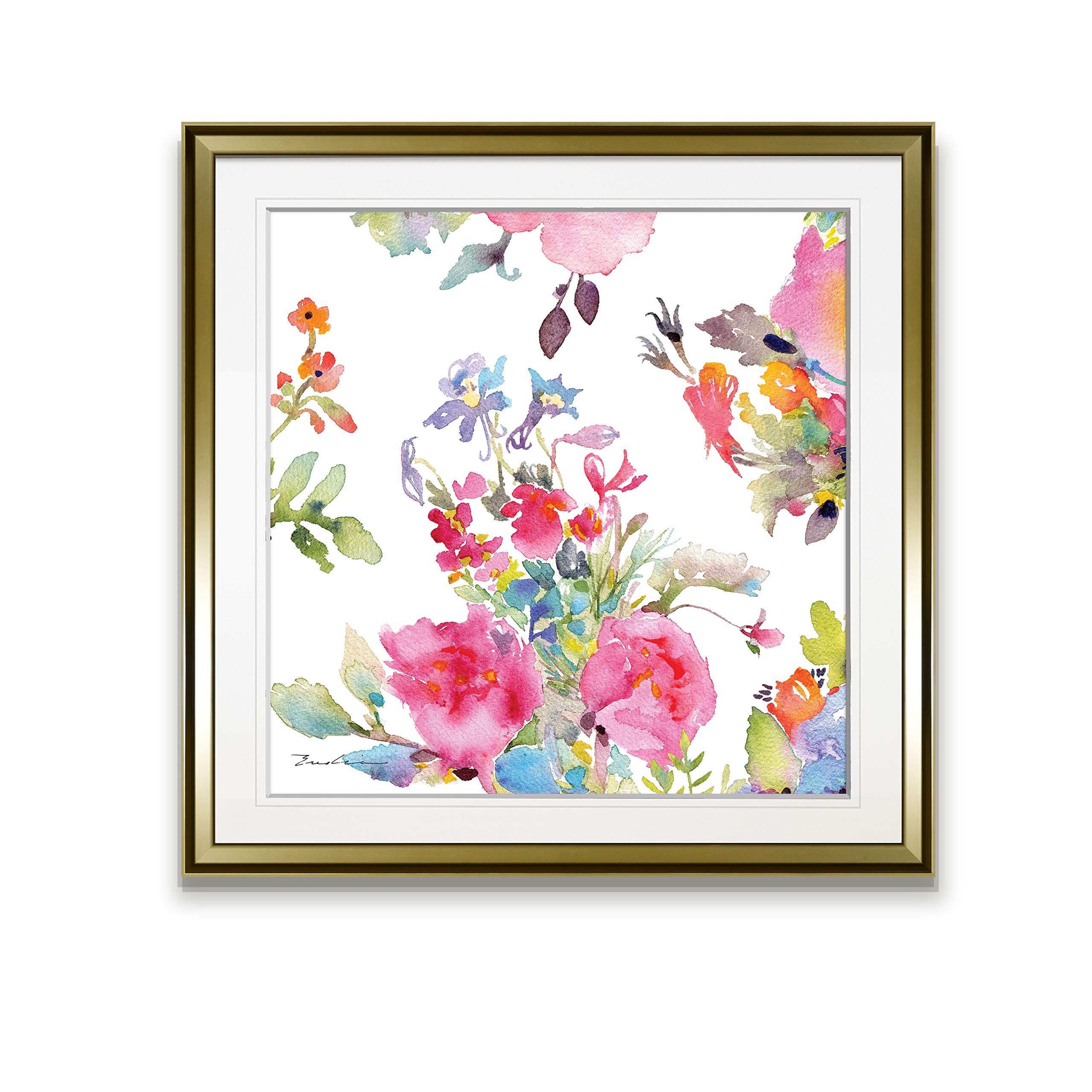 Wexford Home Watercolor Floral Art Print - Colorful Flowers Framed Giclee Canvas Painting, 24x24 Inch Gold Frame - Modern Wall Decor for Living Room, Bedroom & Office