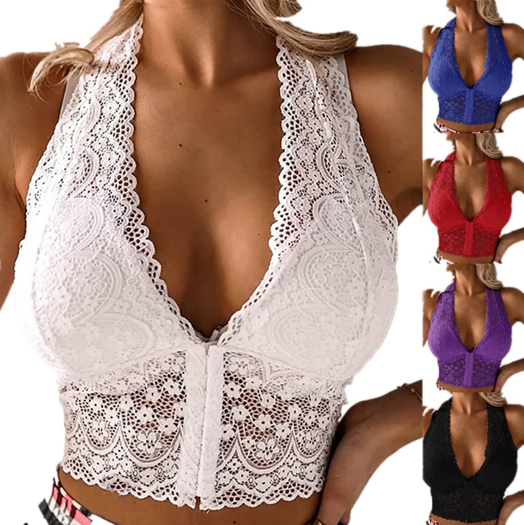 AMhomely Women's Lace Deep V Bralette - Padded Wire-Free Racerback Bra with Built-in Support, Sexy Lingerie for Everyday Wear or Special Occasions