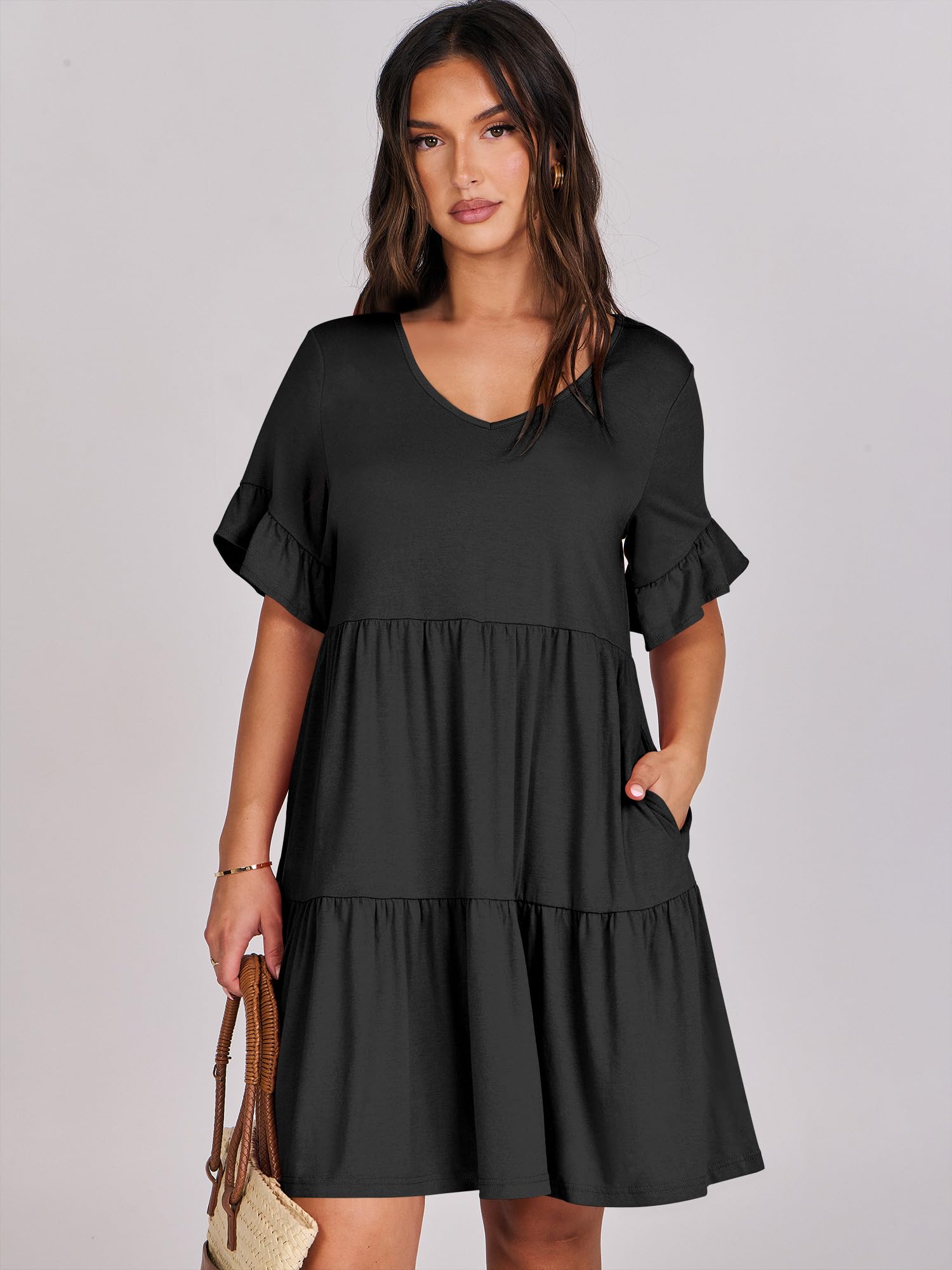 ANRABESS Women's Summer V-Neck Ruffle Sleeve A-Line Tiered Flowy Mini Dress with Pockets - Trendy Casual Beach Dress for Vacations, Parties & Date Nights