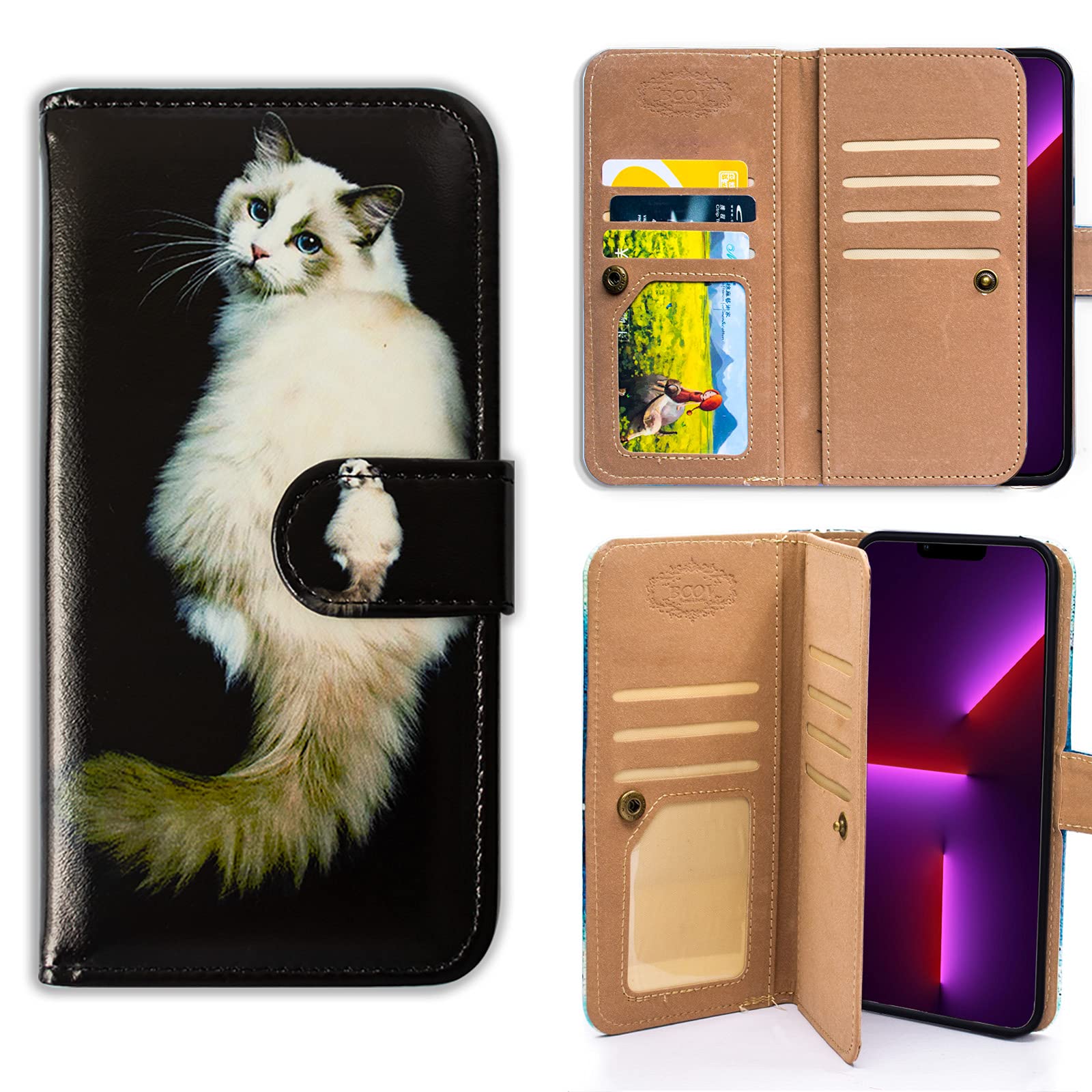 Premium iPhone 13 Wallet Case - White Cat Design Leather Flip Cover with Multiple Card Slots & Wrist Strap | Slim Protective Phone Case with RFID Blocking | Perfect for Everyday Use, Travel & Shopping