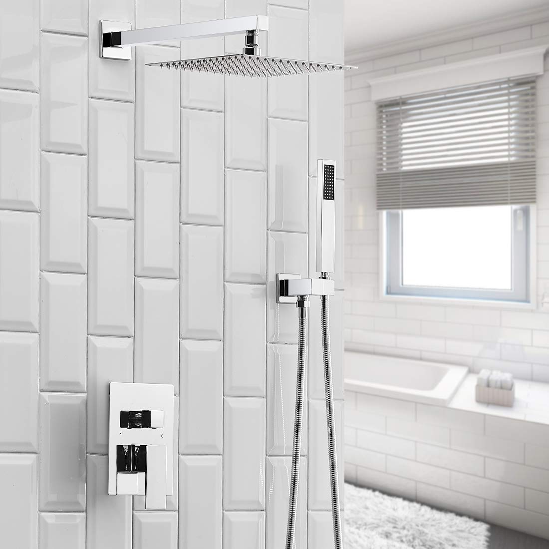 10 Inch Luxury Rain Mixer Shower Combo Set - Wall Mounted Rainfall Shower Head System with Polished Chrome Finish - Includes Rough-in Valve Body and Trim - Perfect for Modern Bathroom Renovations and Spa-Like Shower Experiences