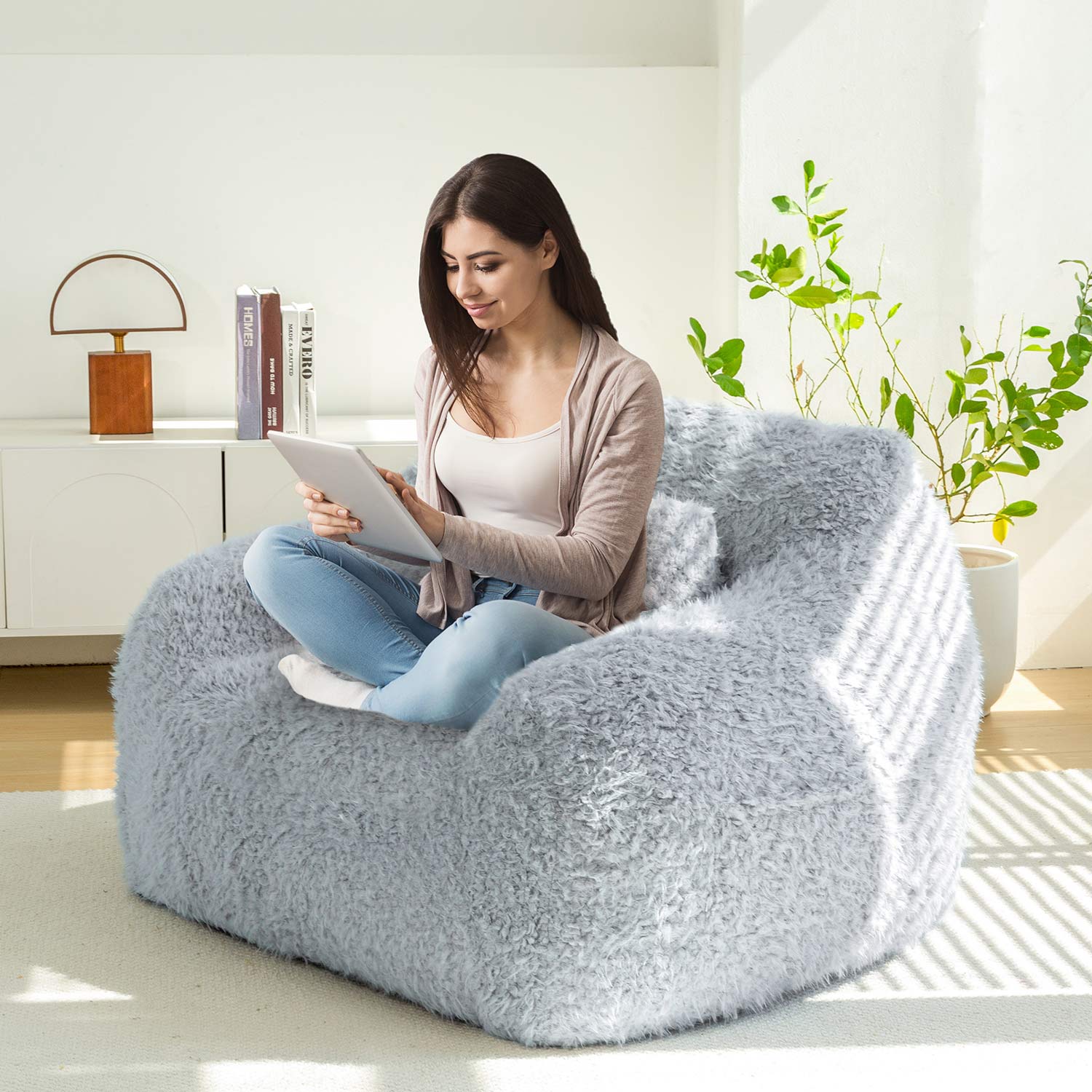 MAXYOYO Fluffy Comfy Large Bean Bag Chair with Pillow - Oversized Lounger for Reading, Gaming & Relaxation in Dusty Blue - Perfect for Bedrooms, Dorms & Game Rooms
