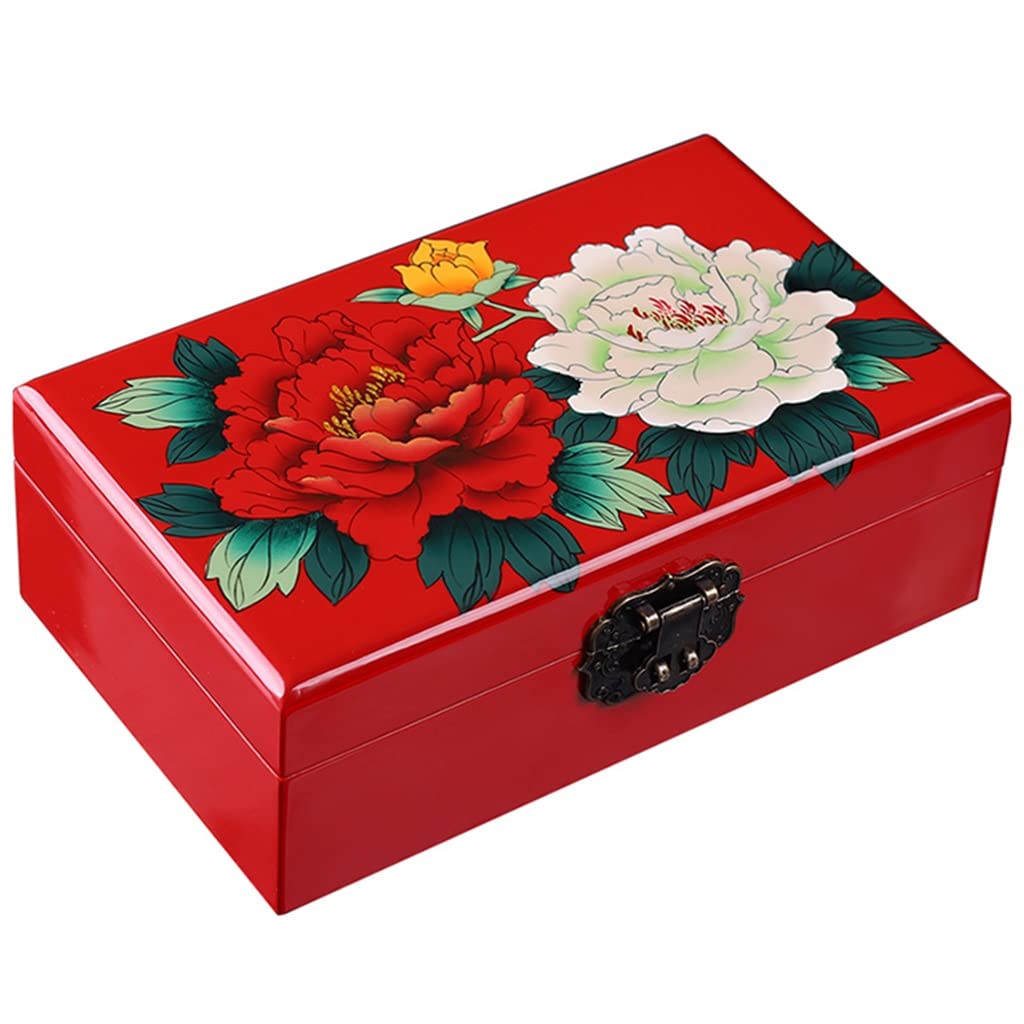 Vintage Jewelry Storage Box - 2-Tier Large Capacity Wooden Jewelry Organizer with Lacquer Finish, Wedding Gift for Women (Red, 23x14x8cm) - Perfect for Dressing Table, Bridal Shower Gift & Jewelry Display