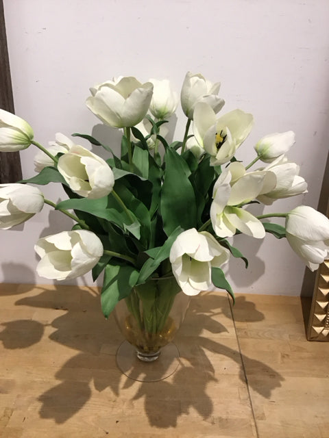 27 Artificial Tulips in Clear Glass Vase - Elegant Home Decor for Living Room, Dining Table & Wedding Centerpieces