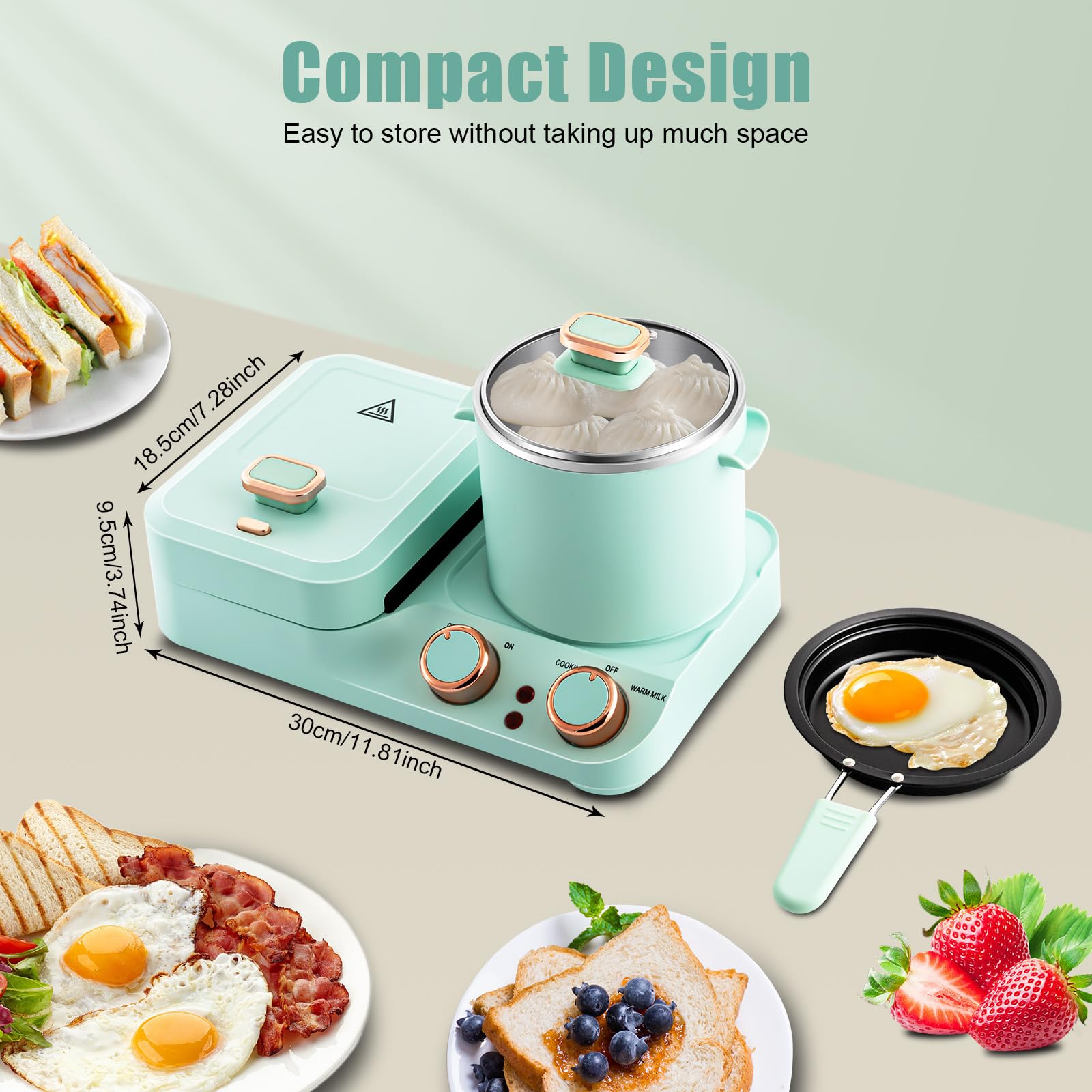 3-in-1 Breakfast Sandwich Maker with Soup Pot & Frying Pan - Electric Hot Dog Bun Toaster for Sandwiches, Pasta & Soup - Perfect for Quick Breakfasts, Office Lunches & Family Meals (110V)