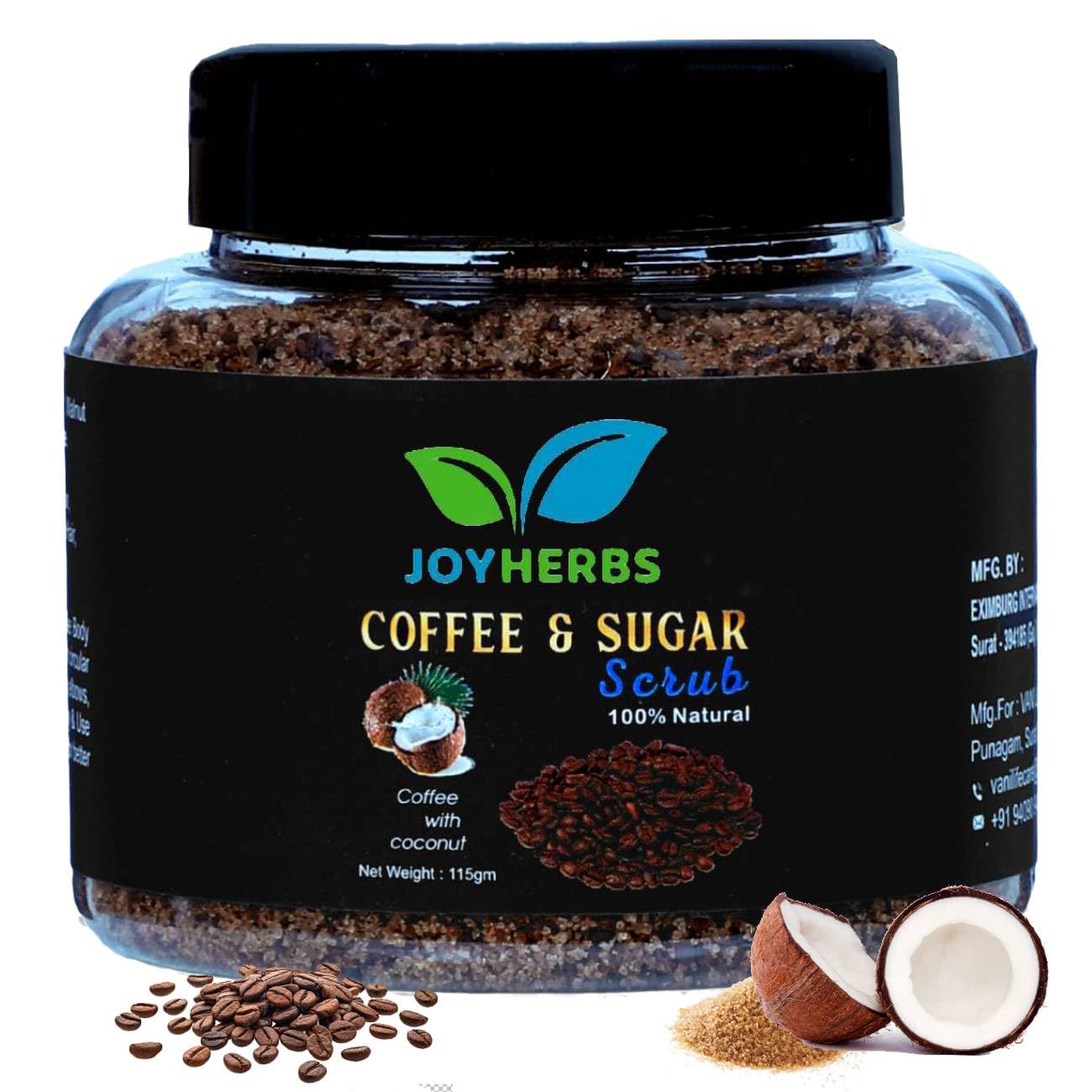 JOYHERBS Coffee Sugar Body Scrub with Coconut Oil, Walnut & Rock Salt - Exfoliating & Detanning Scrub for Soft, Smooth & Glowing Skin - 100% Vegan, Paraben-Free (115g) - Perfect for Spa Day, Self-Care Routine & Gift Giving