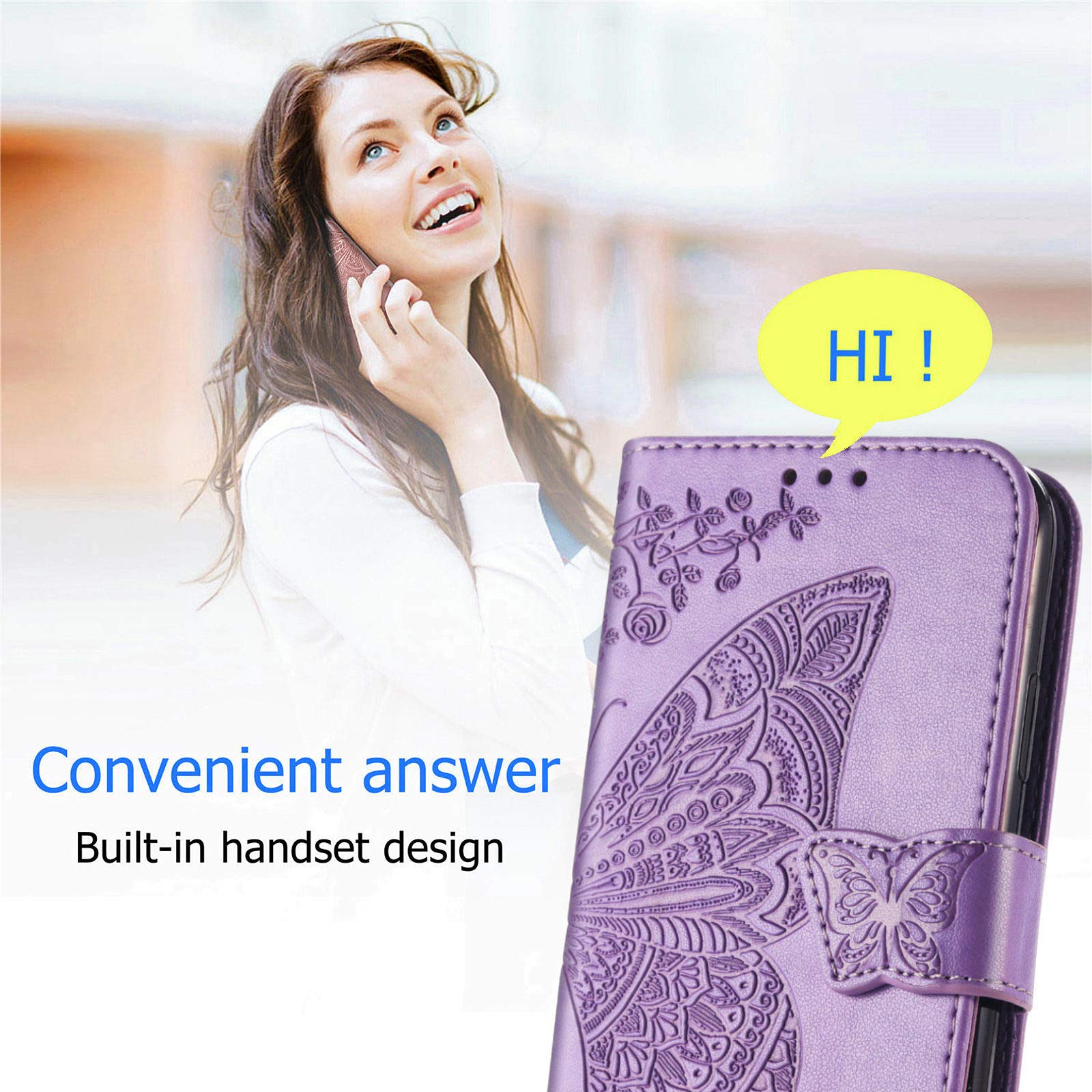 Premium PU Leather Wallet Case for iPhone 13 Pro Max - Flip Cover with Card Slots, Wrist Strap & Kickstand | Protective Phone Case with Butterfly Flower Embossing (Light Purple) | Perfect for Everyday Use, Travel & Hands-Free Convenience