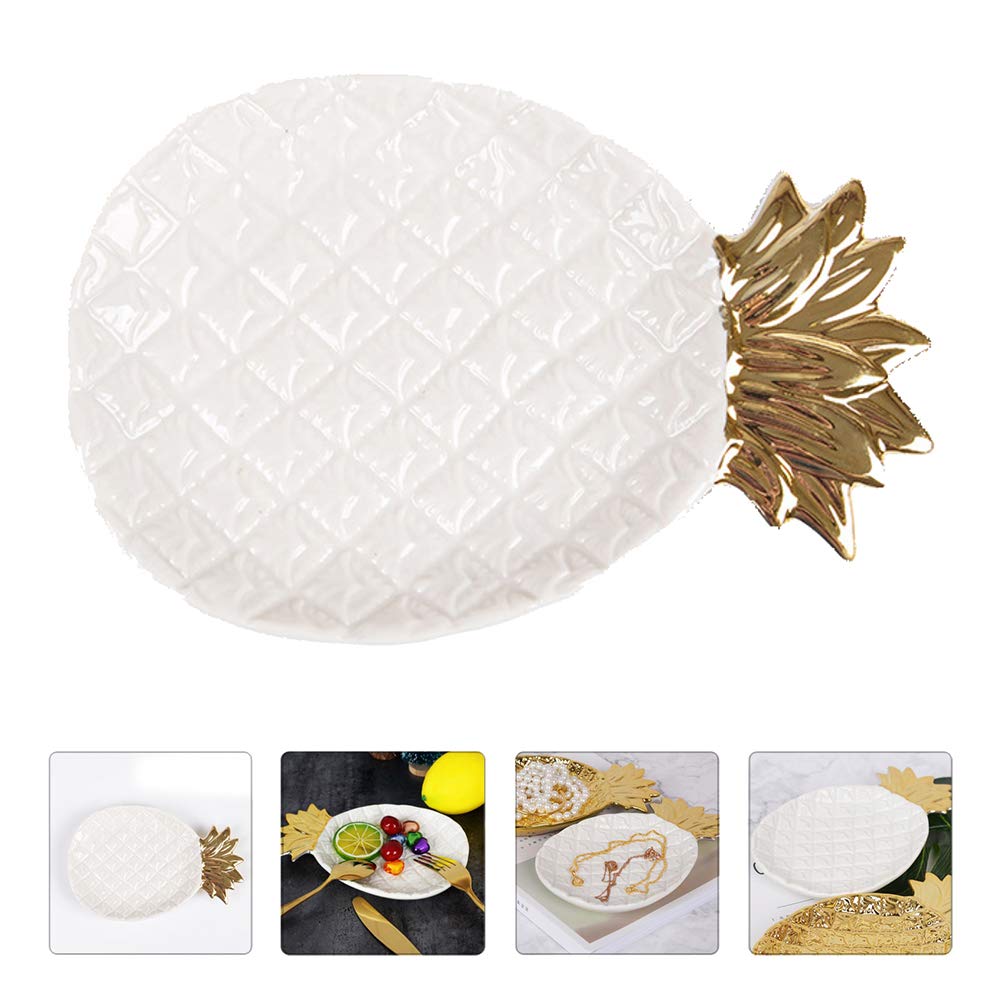 PRETYZOOM Ceramic Jewelry Display Dish with Gold Trim - Pineapple Shaped Ring Holder, Mini Jewelry Organizer Plate for Travel, White Ceramic Tray for Rings, Earrings & Small Accessories - Perfect for Vanity, Bathroom Counter, Dresser Top & Gift Giving
