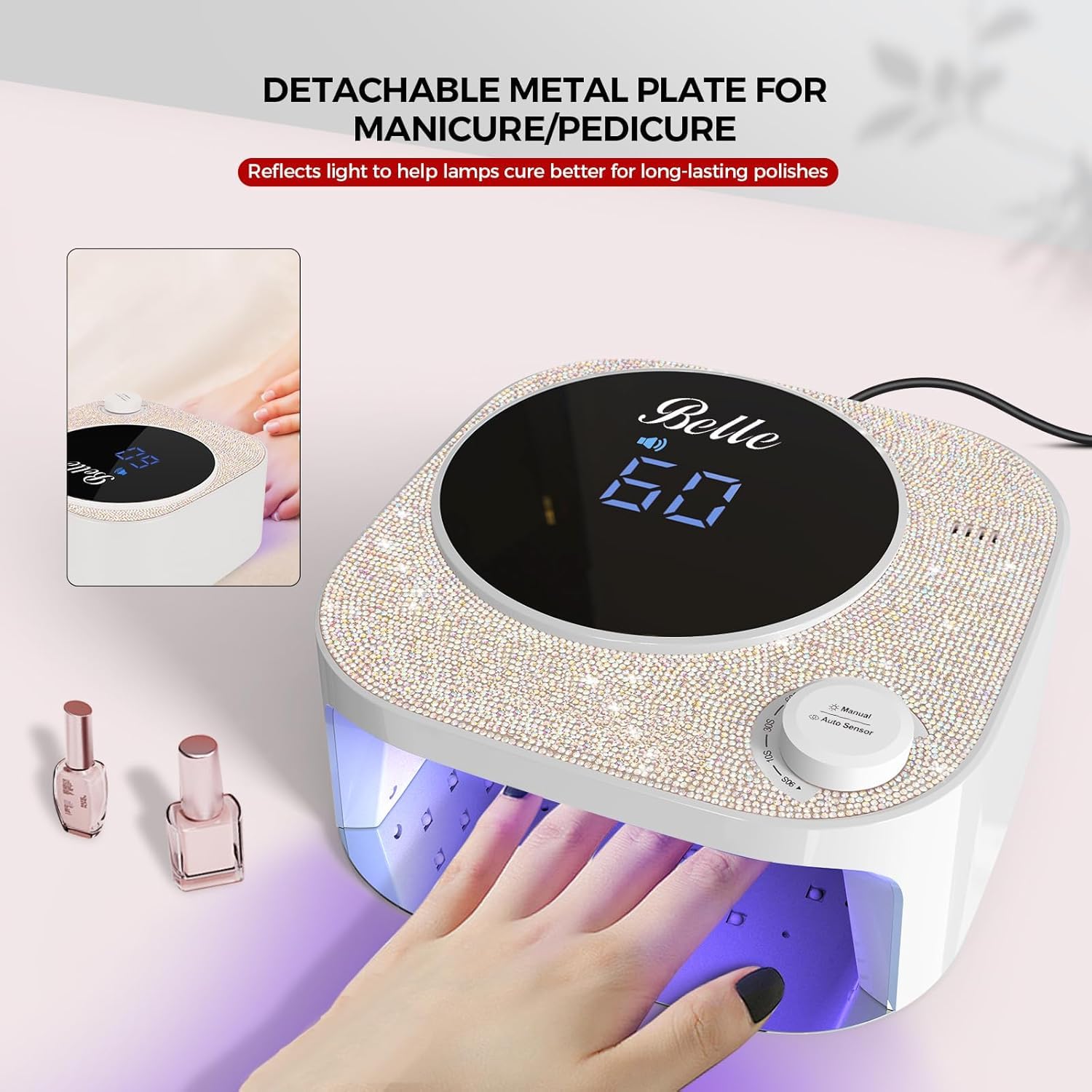 Belle UV LED Nail Lamp for Gel Nails - 4 Timer Settings, Fast Drying Nail Dryer with Sparkling Rhinestones - Perfect for Home Manicures, Nail Salons & DIY Nail Art