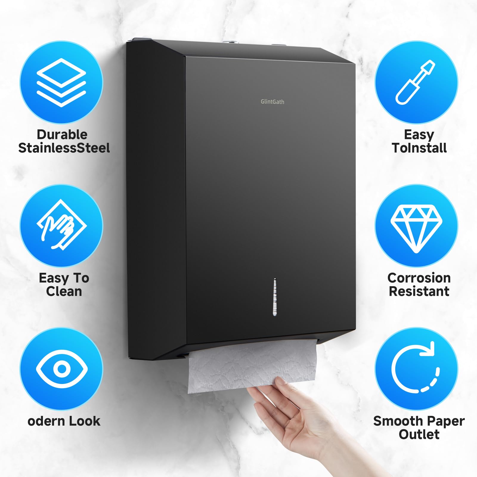 GlintGath Commercial Touchless Trifold Paper Towel Dispenser - 304 Stainless Steel Wall Mount for Bathroom & Restroom - Matte Black Finish | Hygienic Hands-Free Solution for Offices, Kitchens & Public Spaces