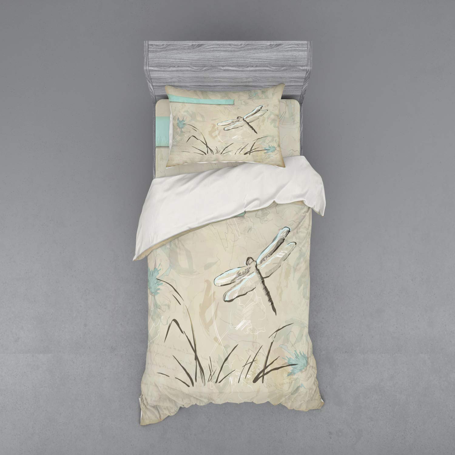 Ambesonne Dragonfly Duvet Cover Set - Vintage Botanical Art with Pastel Grass & Seafoam Tan Colors, 3-Piece Twin XL Bedding Set with Sham & Fitted Sheet | Perfect for Boho Bedroom Decor, Guest Room Makeover, or Nature-Inspired Home Styling