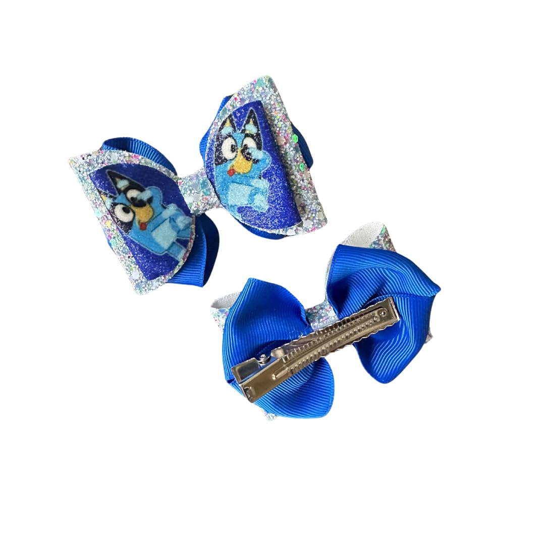 Sparkly Blue Dog Themed Hair Bow Set - 2 Pack | Birthday Party Hair Accessories, Cosplay Costume Bows, Cartoon Character Inspired Hair Clips for Girls & Kids | Perfect for Birthday Gifts, Dress Up Play & Themed Parties