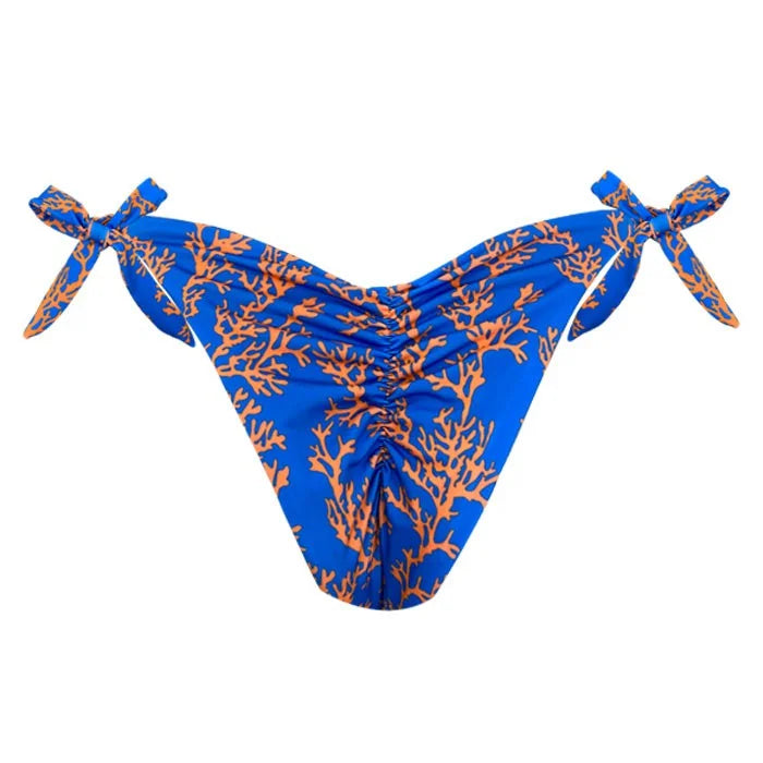 Sexy Brazilian Tie Side Scrunch Bikini Bottom - Blue Orange Sea Coral Print - Perfect for Beach Vacations, Pool Parties & Summer Getaways