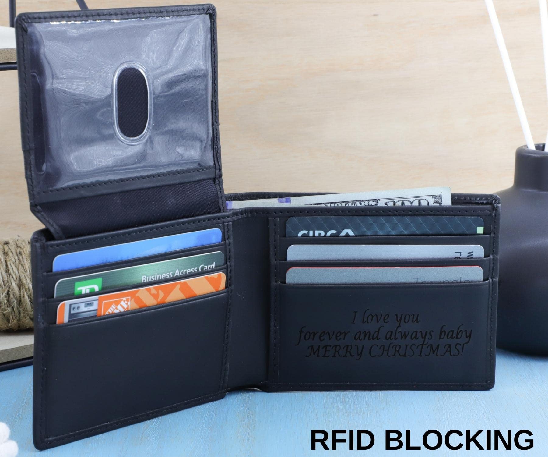 Premium RFID Blocking Genuine Leather Wallet for Men - Personalized Bifold Wallet with ID Window, Engraved Real Leather Gift Box (Black) | Ideal for Everyday Use, Travel & Business Gifts