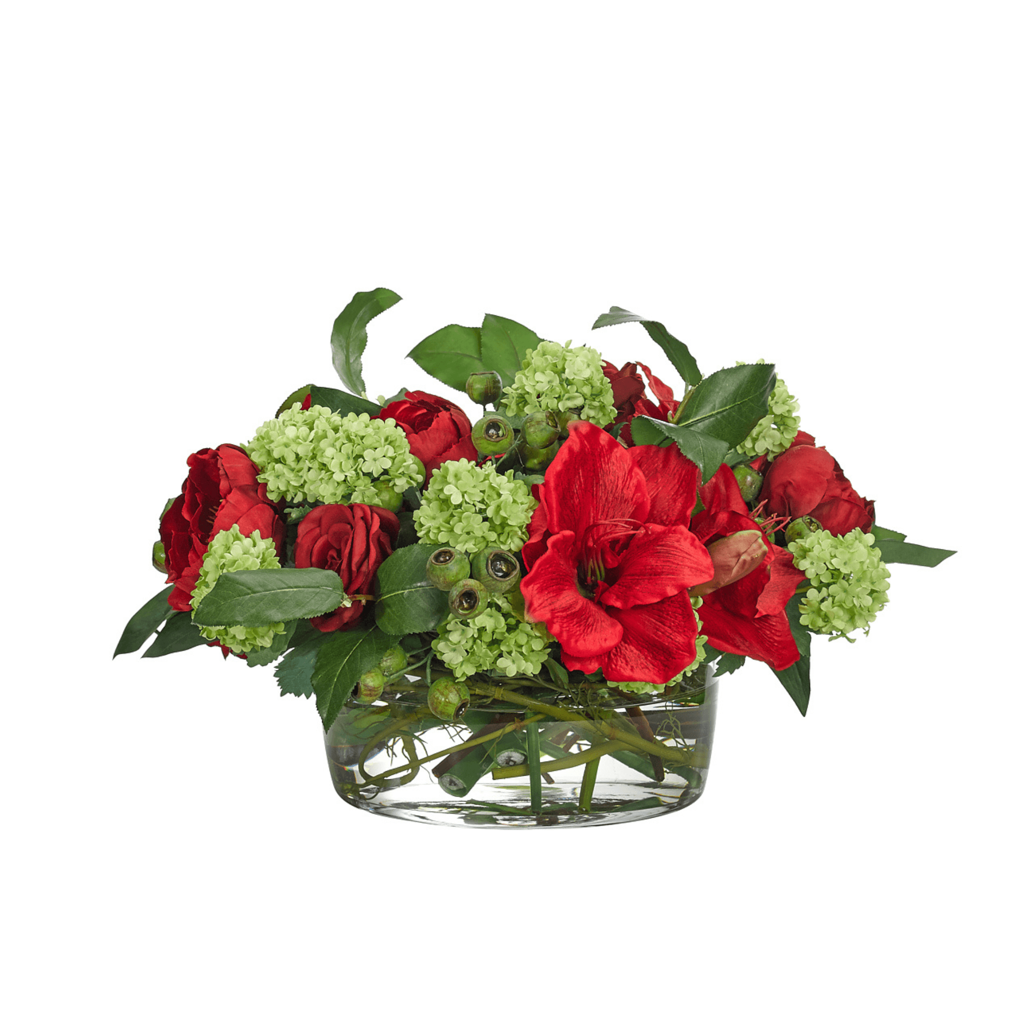 12 Red & Green Peony Hydrangea Artificial Flower Arrangement in Glass Bowl - Elegant Home Decor for Wedding Centerpieces, Dining Table, Living Room & Office