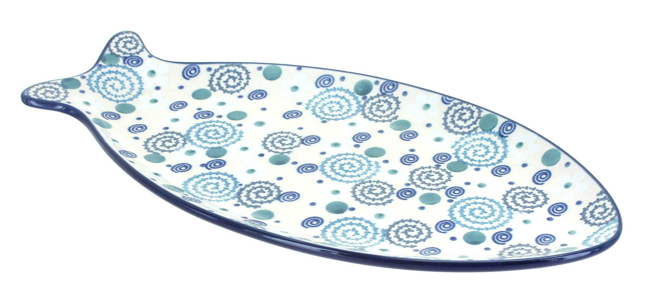 Handmade Blue Rose Polish Pottery Bubbles Medium Fish Serving Platter - Elegant Dinnerware for Entertaining, Holiday Meals & Special Occasions