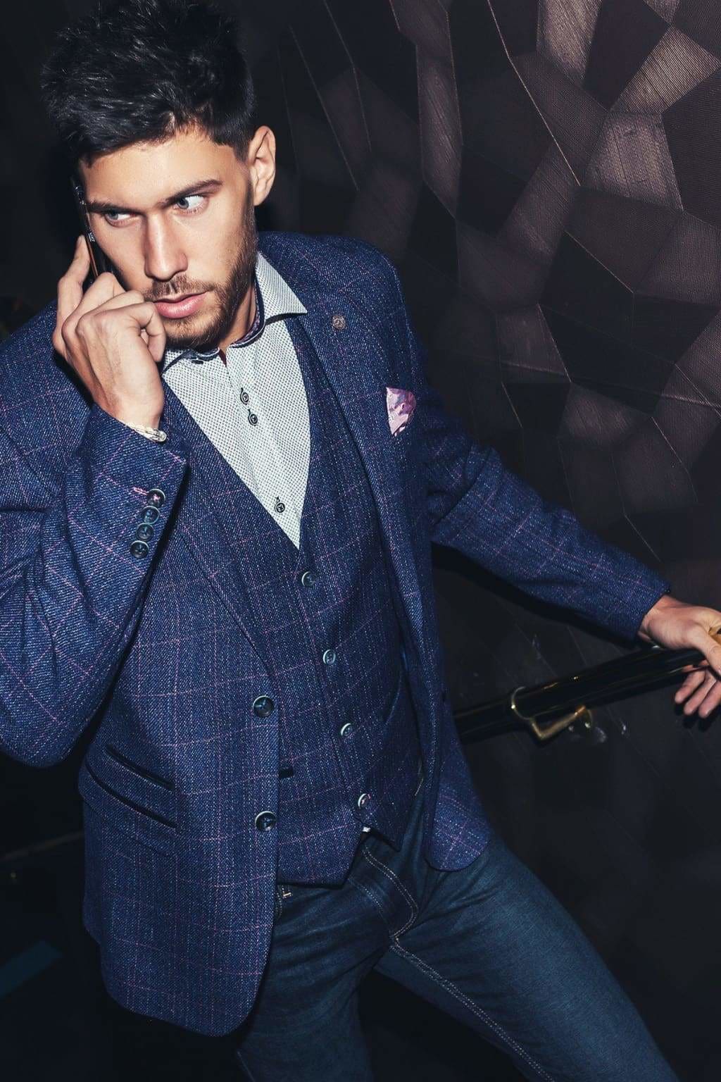 Marc Darcy Harry Men's Indigo Blue Tweed Check Suit - Premium Wool Blend Formal Business Suit for Weddings, Office & Special Occasions
