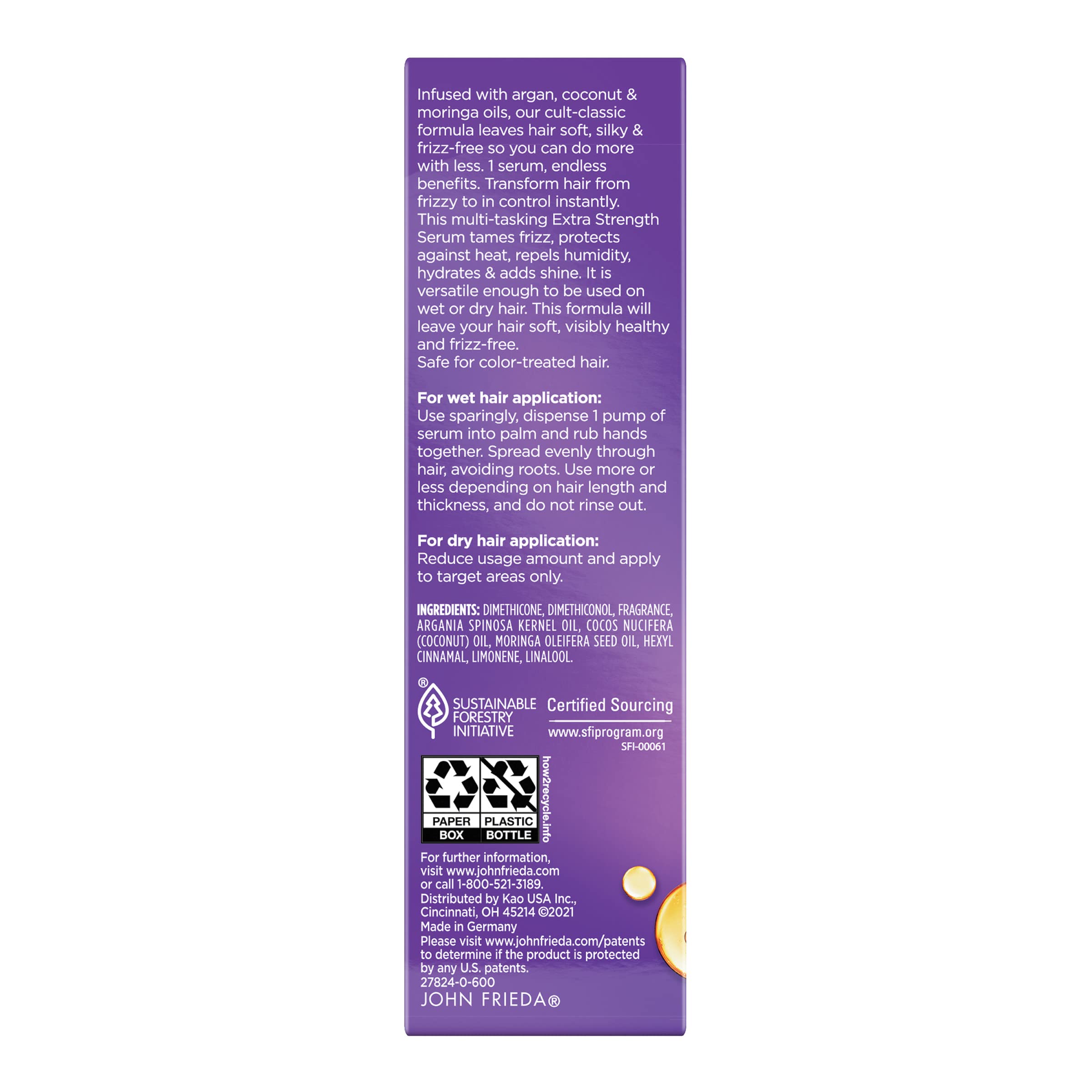 John Frieda Frizz Ease Extra Strength Hair Serum - 1.69 Oz | Instantly Smooths & Hydrates Thick, Coarse Hair | Argan, Coconut & Moringa Oil for Frizz Control & Heat Protection | Perfect for Daily Styling, Humidity Protection & Salon-Like Results at Home