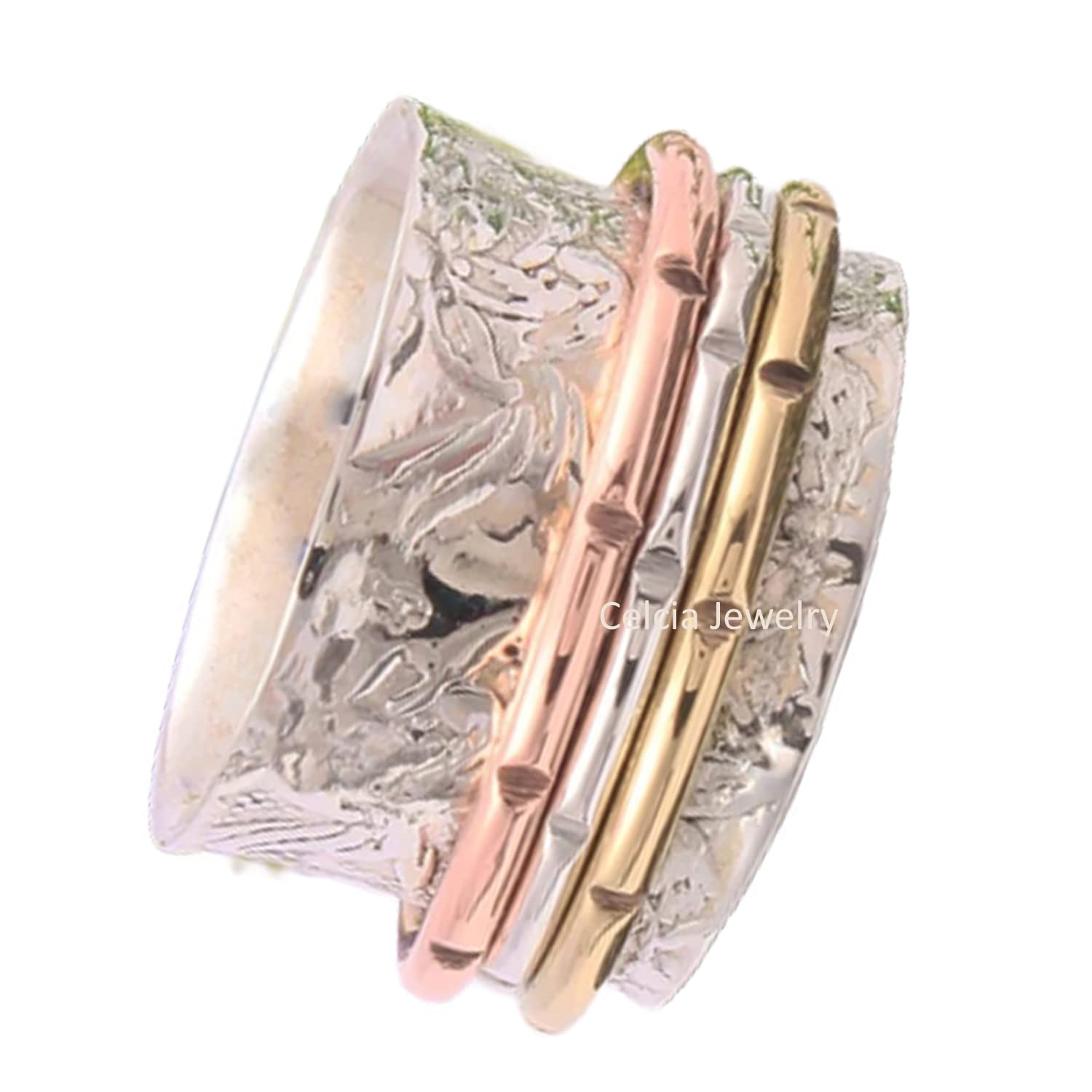 Spinner Ring for Women - Stress Relief & Meditation Spinning Ring, Wedding & Promise Proposal Ring, Stackable Three-Tone Ring, Beautiful Mother's Day Gift (US Size 7) - Perfect for Anxiety Relief, Mindfulness Practice & Special Occasions
