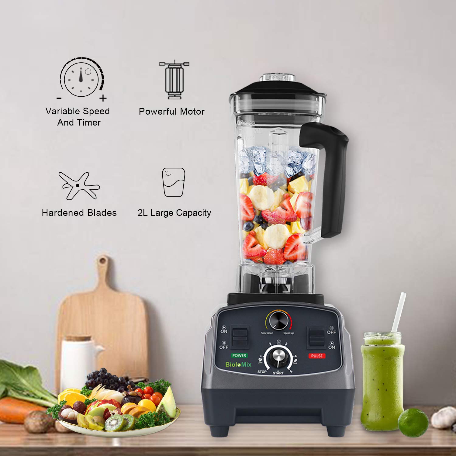BioloMix 2200W Professional Countertop Blender - High Power Commercial & Home Blender with Timer for Smoothies, Ice Crushing, Frozen Fruits, Soup Making - Perfect for Kitchens, Restaurants & Smoothie Bars