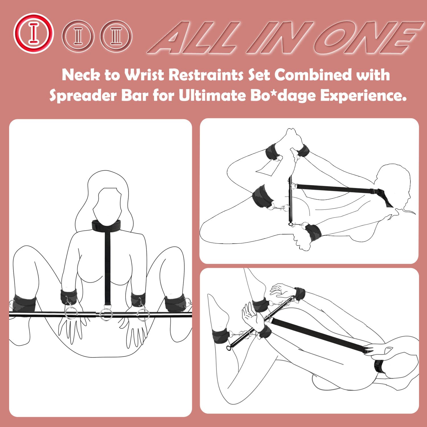 Premium BDSM Restraint Kit - Adjustable Handcuffs, Ankle Cuffs & Neck Collar with Spreader Bar for Couples | Bondage Toys for Kinky Sex, Role Play & Sensory Play | Perfect for Bedroom Fun & Adult Playtime