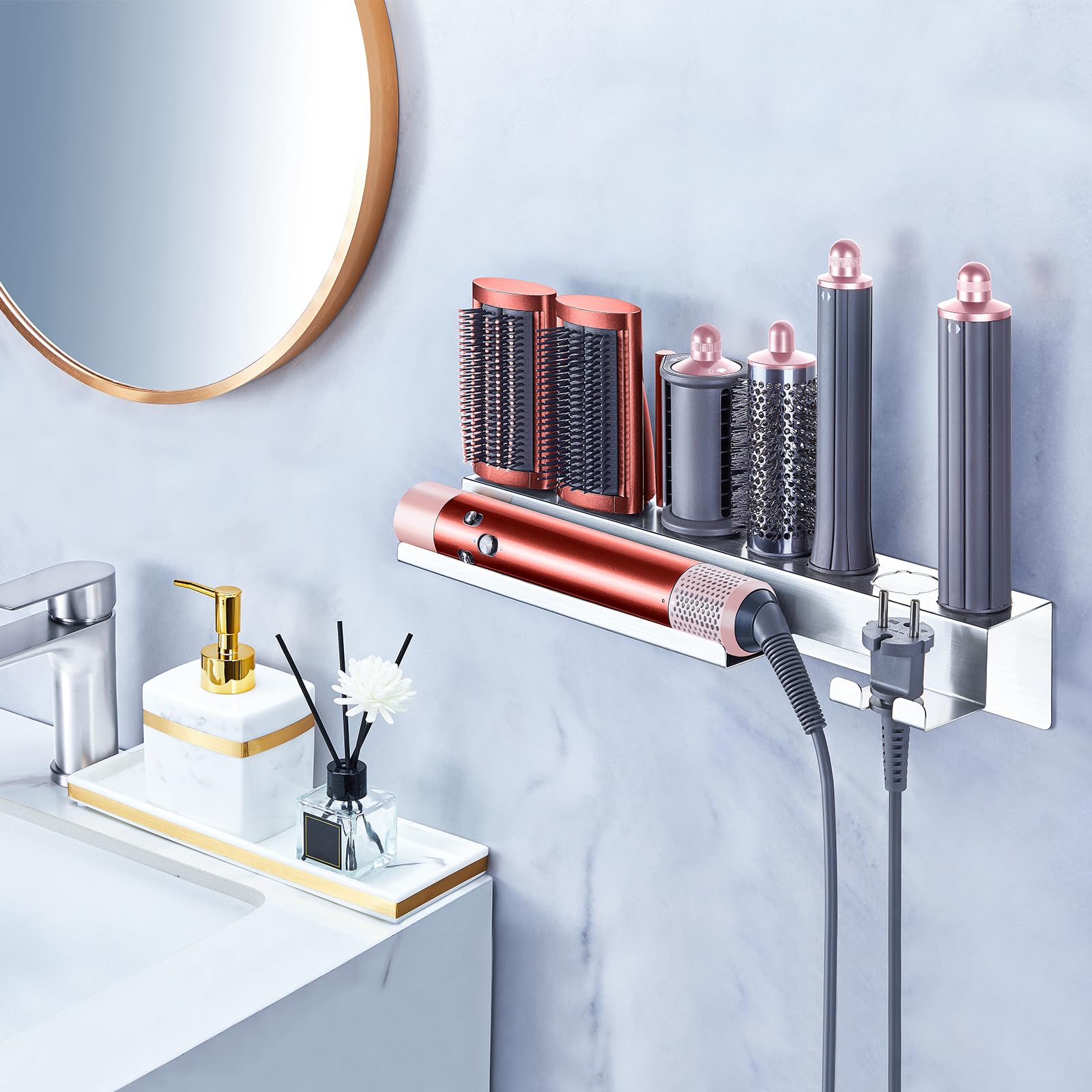 **Wall Mount Hair Dryer & Curling Iron Holder - 7-in-1 Stainless Steel Organizer for Styler Attachments & Hair Tools - Perfect for Bathroom, Salon & Home Storage**