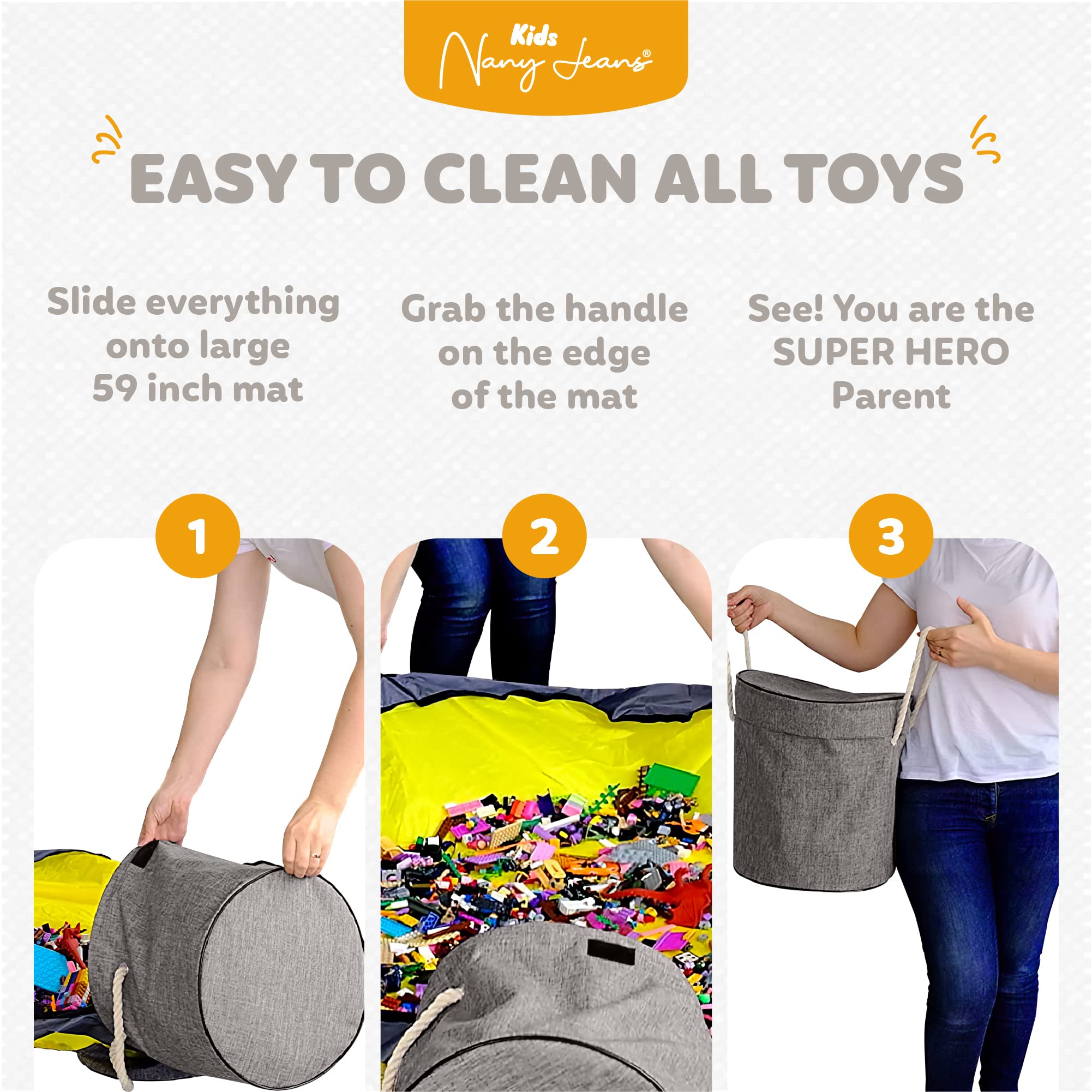 Collapsible XXL Toy Storage Organizer & Play Mat for Kids - Large Toy Bag Container for Building Bricks & Blocks - Portable Toy Chest with Drawstring Closure - Perfect for Playroom, Bedroom & Travel Organization (Grey)