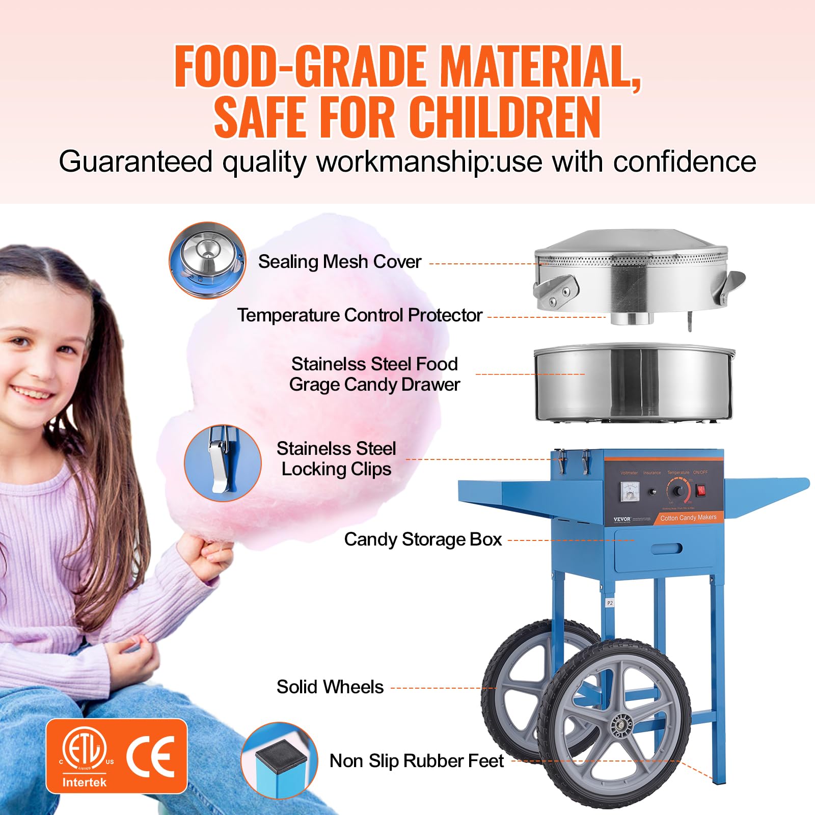 VEVOR 1000W Commercial Electric Cotton Candy Machine with Cart - Stainless Steel Bowl, Sugar Scoop & Drawer - Perfect for Home, Birthday Parties, Carnivals & Events (Blue) - Make Delicious Fluffy Candy Floss for Kids & Adults