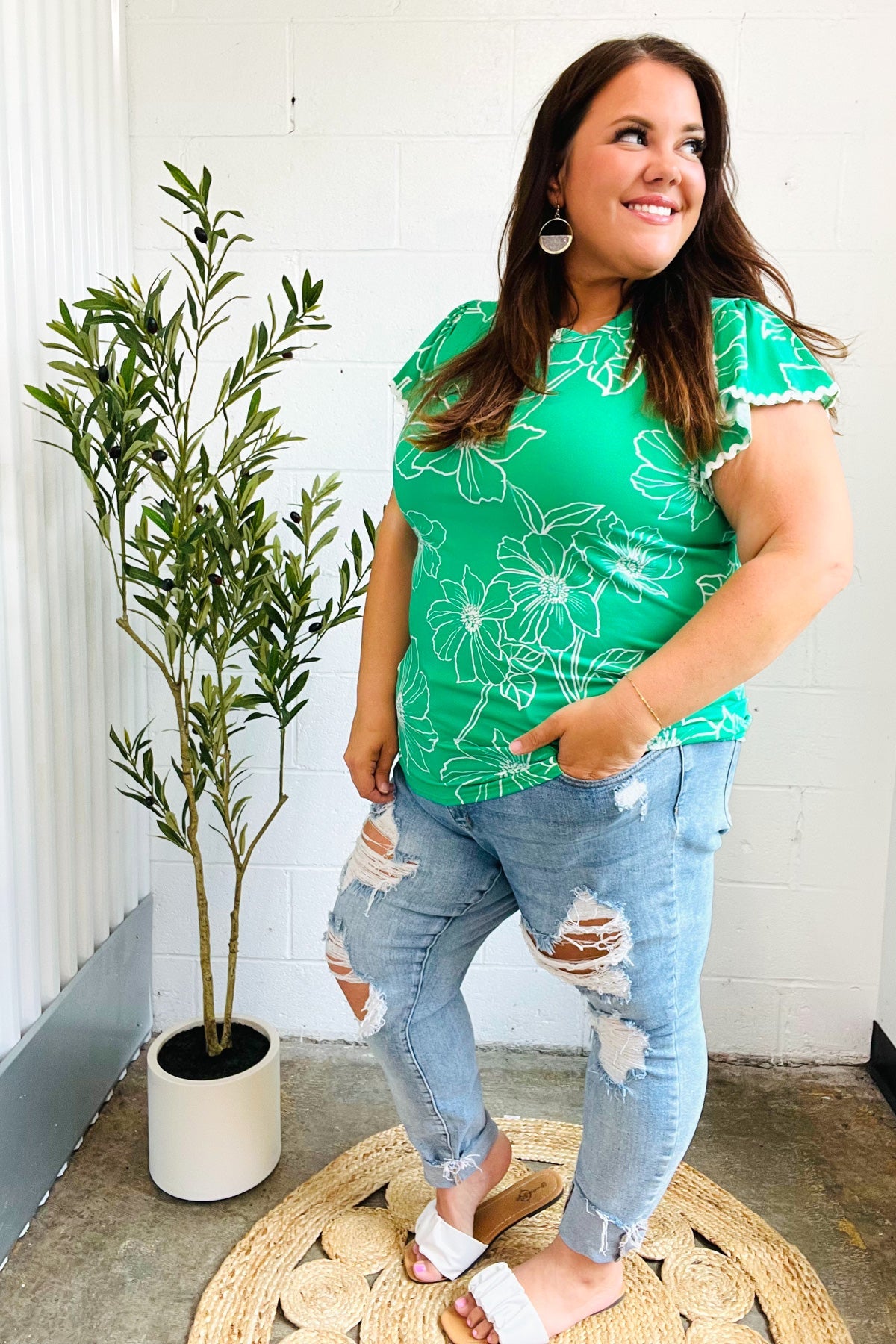 Follow Me Emerald Floral Ric Rac Trim Flutter Sleeve Blouse - Elegant Women's Fashion Top for Parties, Dates & Summer Outfits