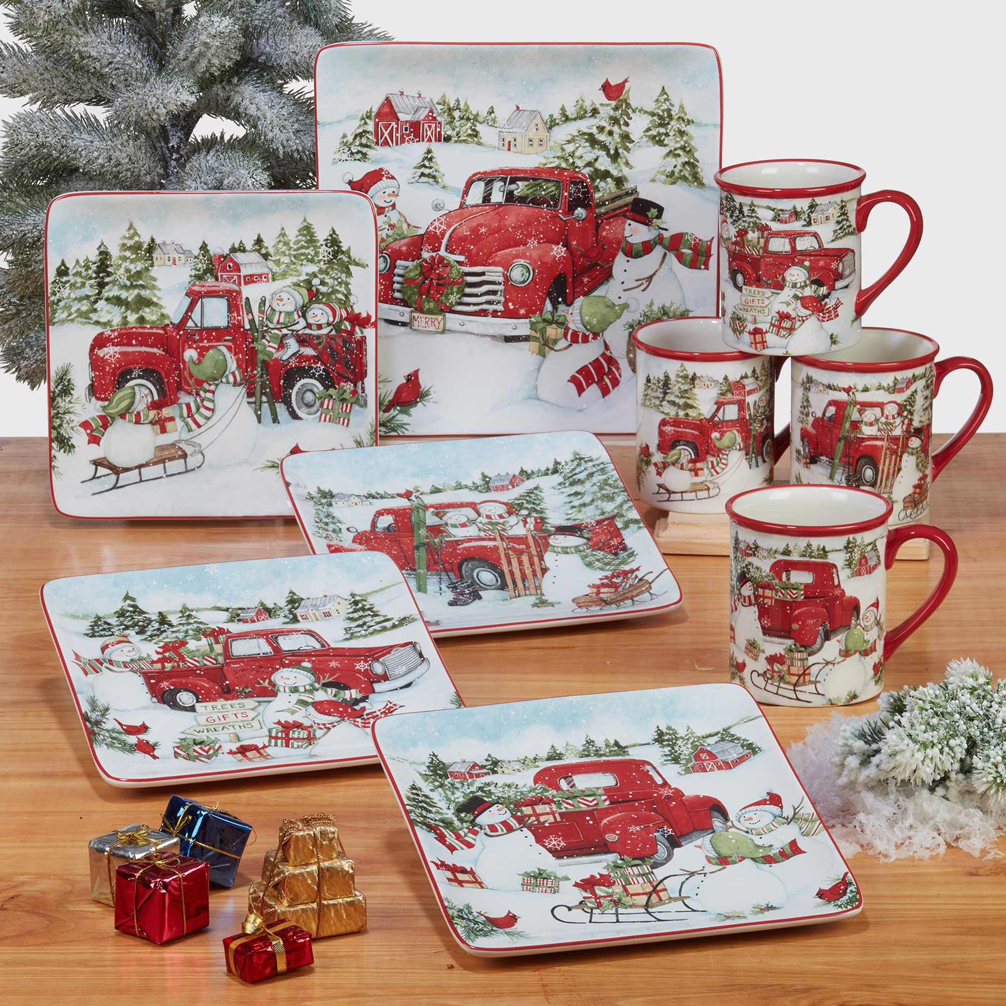 Certified International Red Truck Snowman 6-Inch Canape Plates - Set of 4 Small Multicolor Holiday Dessert Plates for Christmas Party, Luncheon, and Festive Gatherings