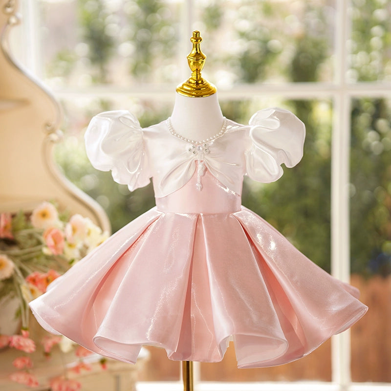 Adorable Pink Flower Girl Dress with Puff Sleeves & Bow - Toddler First Communion Gown for Baby Girls | Perfect for Weddings, Baptisms & Special Occasions