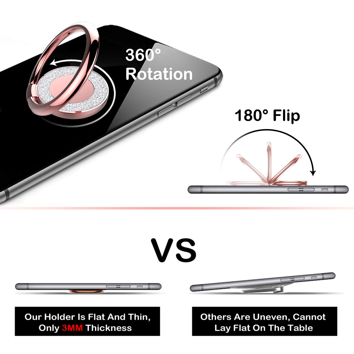 Glitter Rose Gold Cell Phone Ring Holder Stand - Adhesive Phone Grip for iPhone, Samsung & All Smartphones | Perfect for Selfies, Video Calls & Hands-Free Use