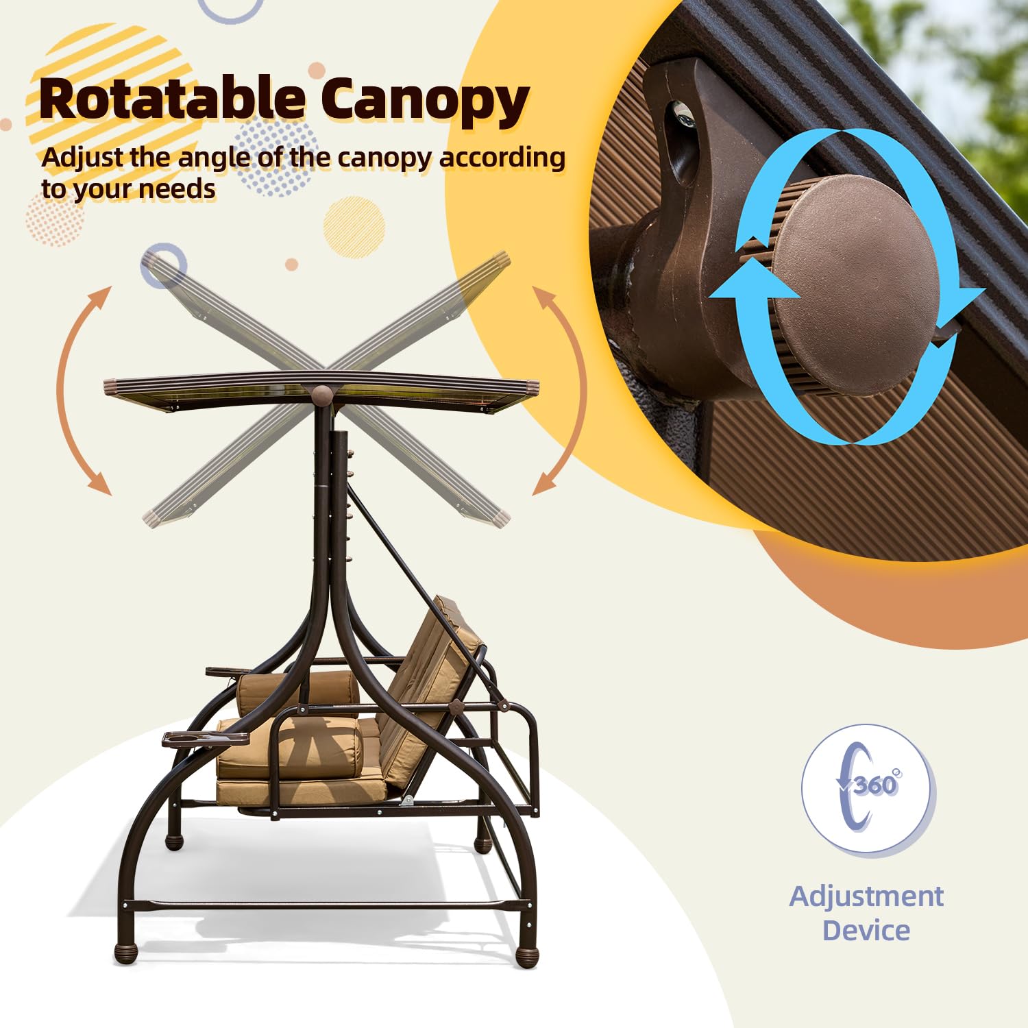 YOLENY 3-Person Outdoor Patio Swing with Hardtop & Cup Holders - Convertible Porch Swing Bench with Cushion & Pillows - Perfect for Front Porch, Garden, Lawn or Backyard Relaxation