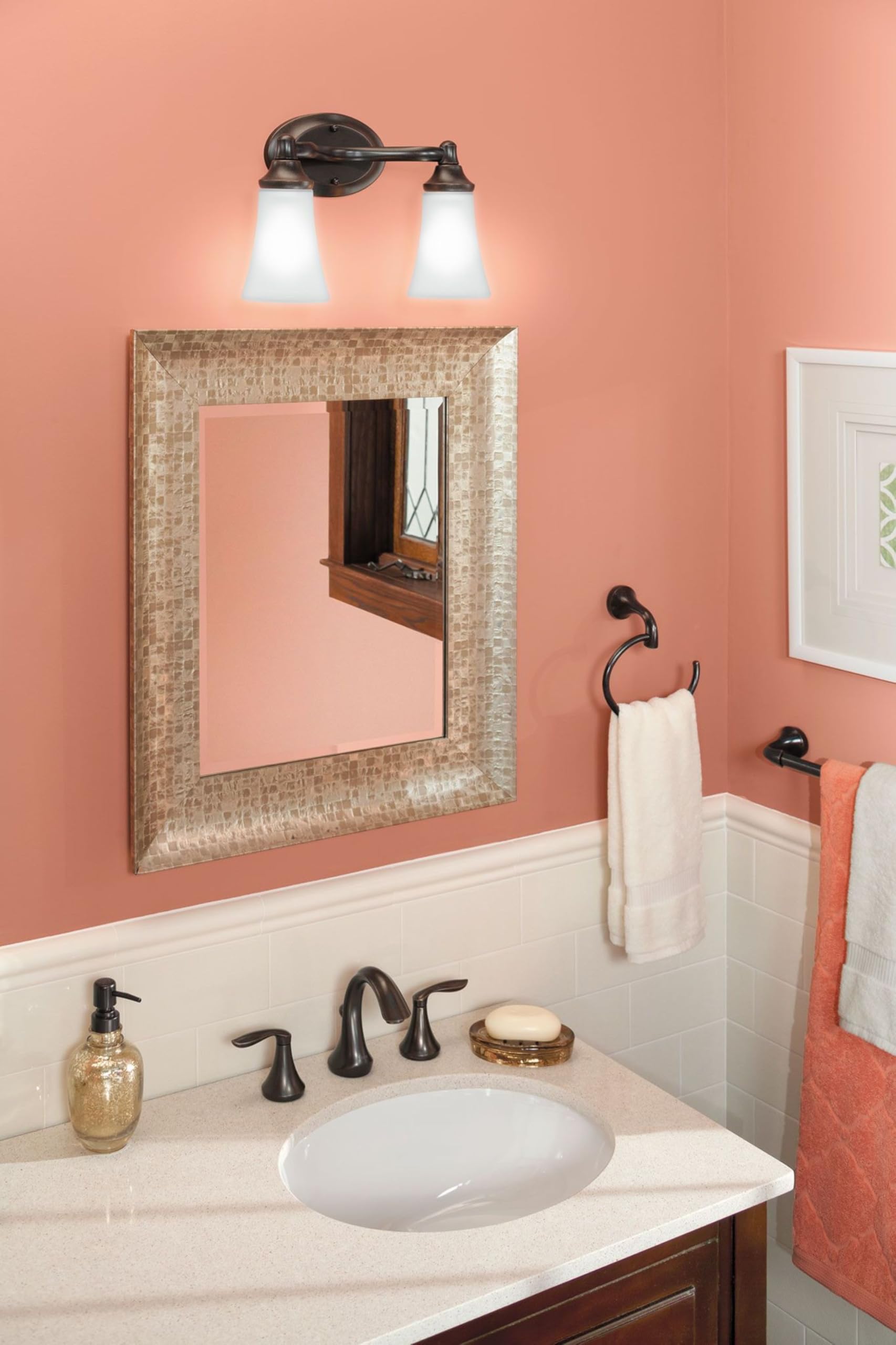 Moen YB2862ORB Eva 2-Light Oil Rubbed Bronze Bathroom Vanity Light Fixture with Frosted Glass - Perfect for Modern Bathrooms & Powder Rooms Lighting